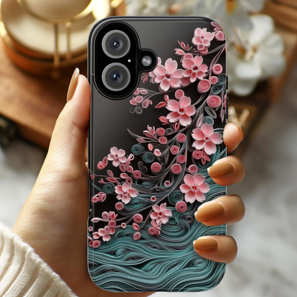 Pink Cherry Blossom Wave Phone Case, Floral Japanese Style Art, Sakura Flower for iPhone 16 15 14 Tough or Magsafe, Samsung S25, 469.9