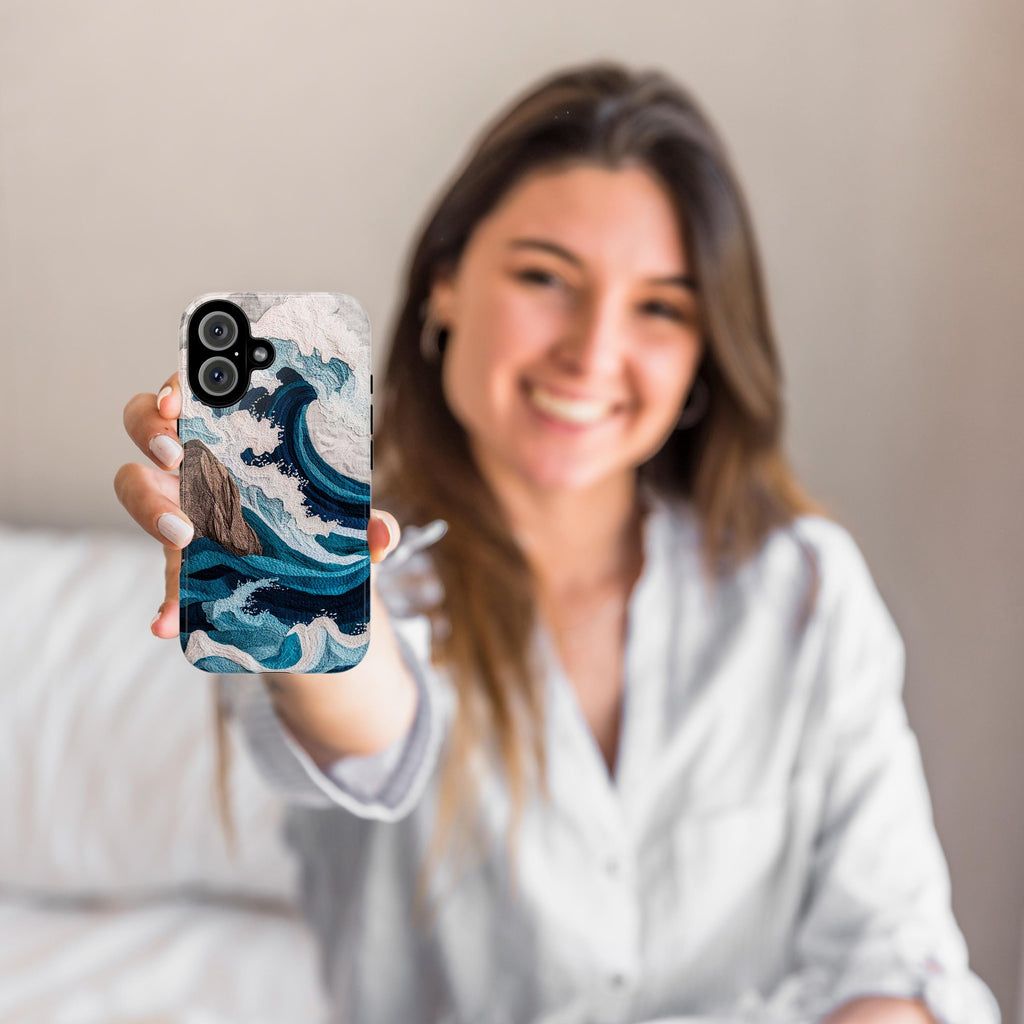 Ocean Waves Embroidery 3D Phone Case, Cozy Marine Life Design, Fine Art Aesthetic Phone Case for iPhone 16 15 14 13 / Samsung S24, 453.5