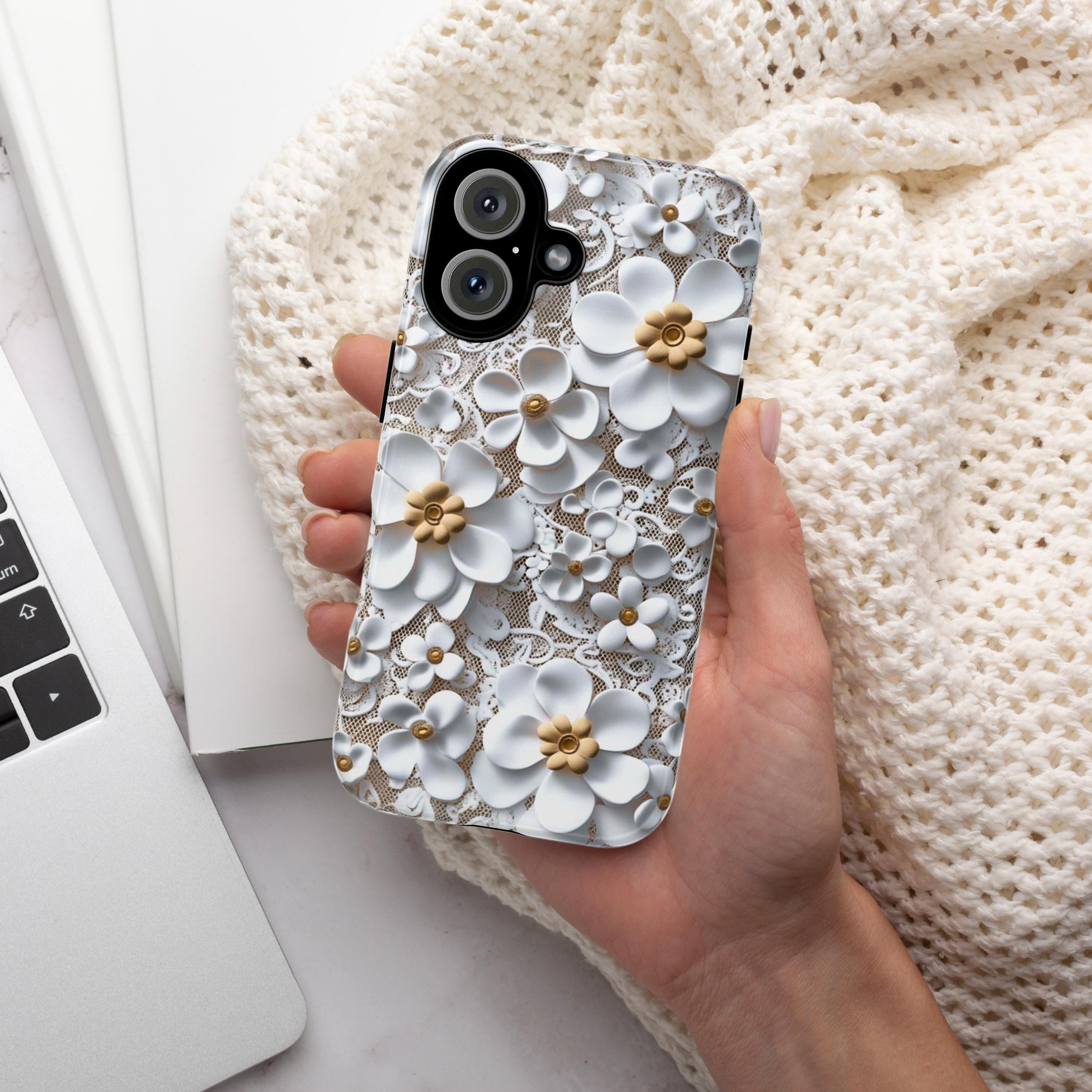 3D Effect Floral Lace Phone Case, Elegant Wedding Cover for Bride or Bridesmaid, Bridal Party Gift iPhone Tough or Magsafe, Samsung, 439.78