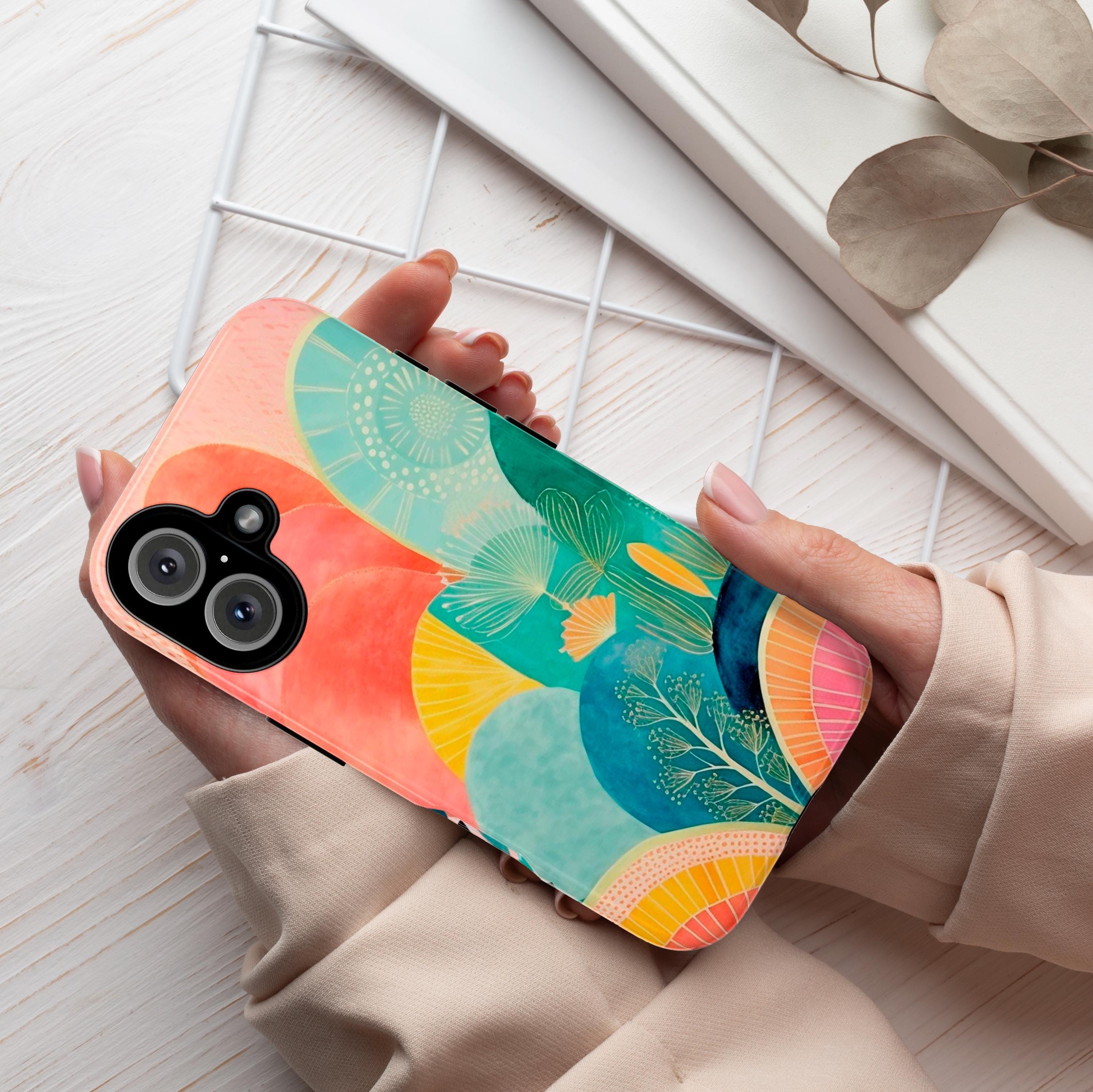 Boho Abstract Landscape Phone Case, Aesthetic Watercolor Phone, Painting Art Cover for iPhone 15 14 13 12 11 Pro Max Plus / Galaxy S25, 135