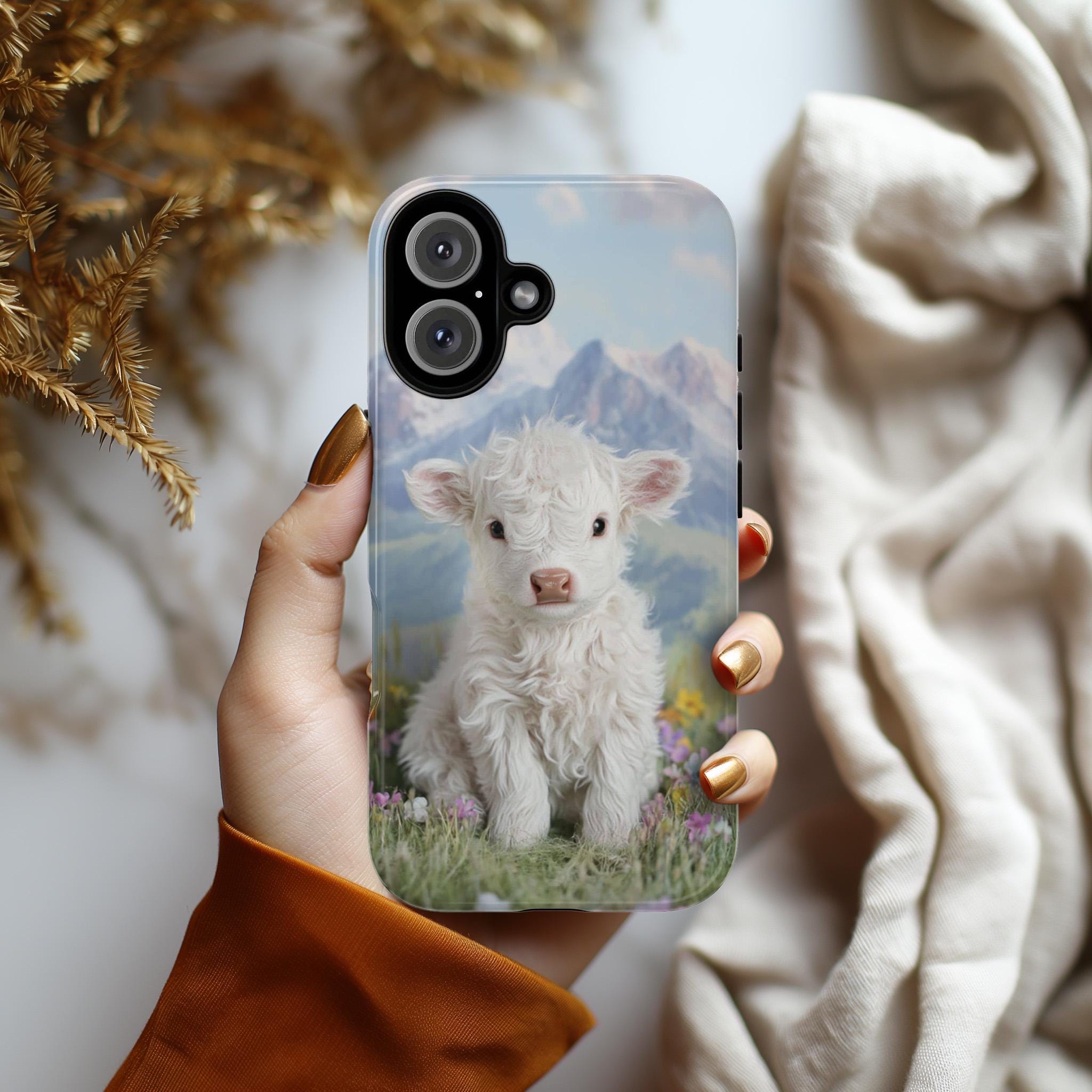 Cute Highland Calf Phone Case, Spring Meadow Floral Design with Mountain & Lake View Phone Cover for iPhone Tough or Magsafe, Samsung, 473.5