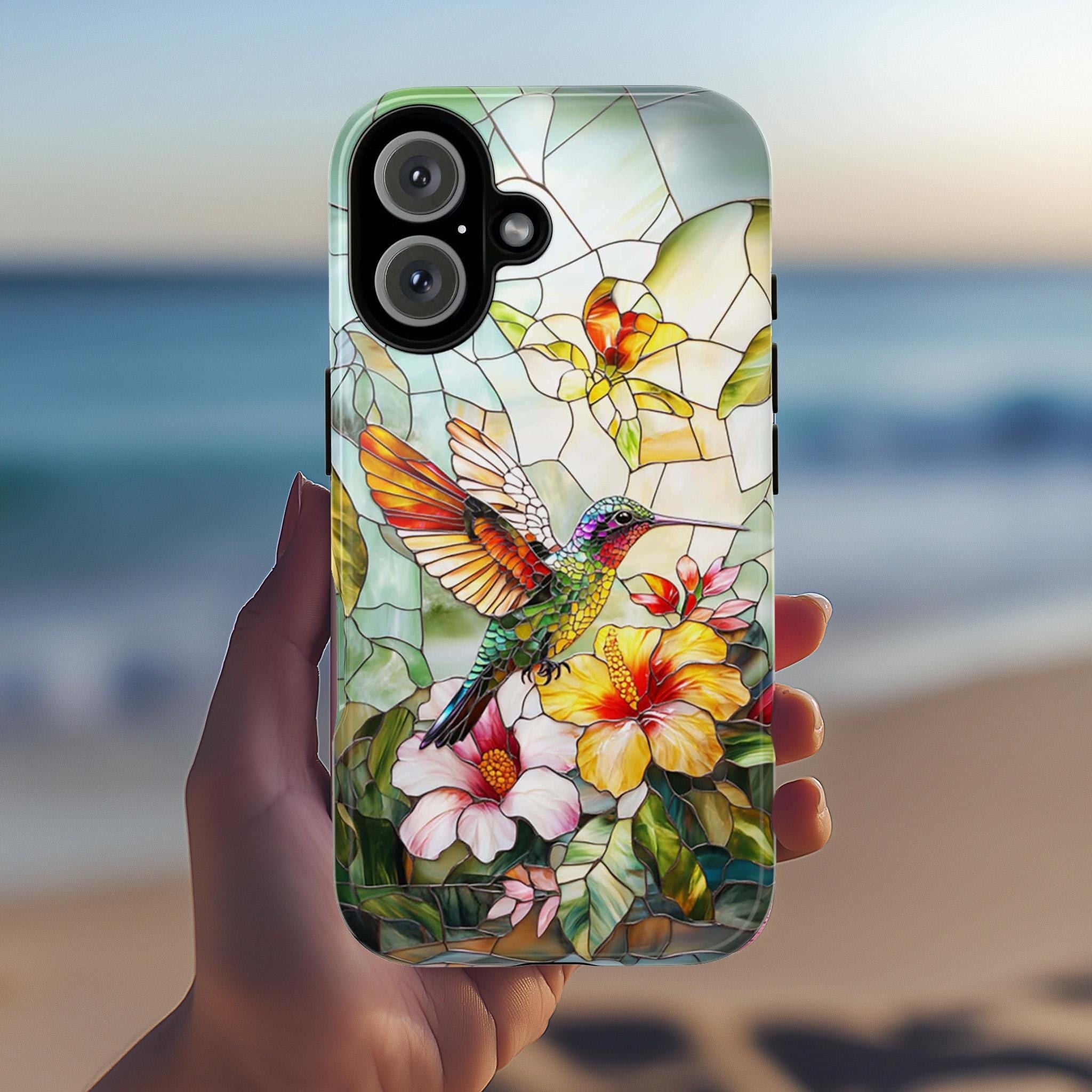 Stained Glass Hummingbird Phone Case | Colorful Bird & Tropical Floral Design for iPhone 16 Pro Max 15 14 Plus Mag Safe, Samsung S25, 419.3