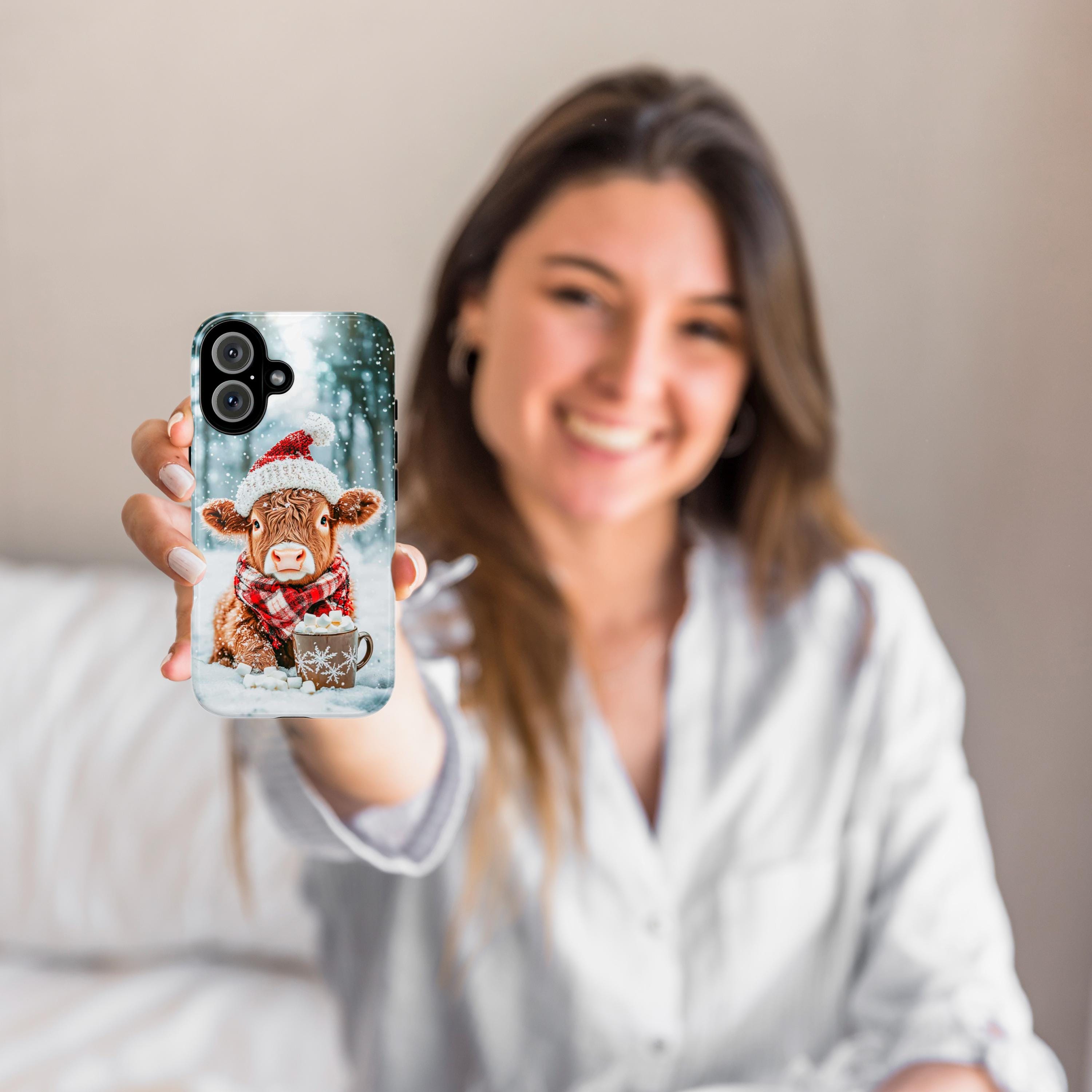 Christmas Highland Cow & Winter Forest Phone Case, Festive Xmas Hot Chocolate Marshmellow iPhone 16 15 14 13 Pro Max, Samsung S24, 440.4