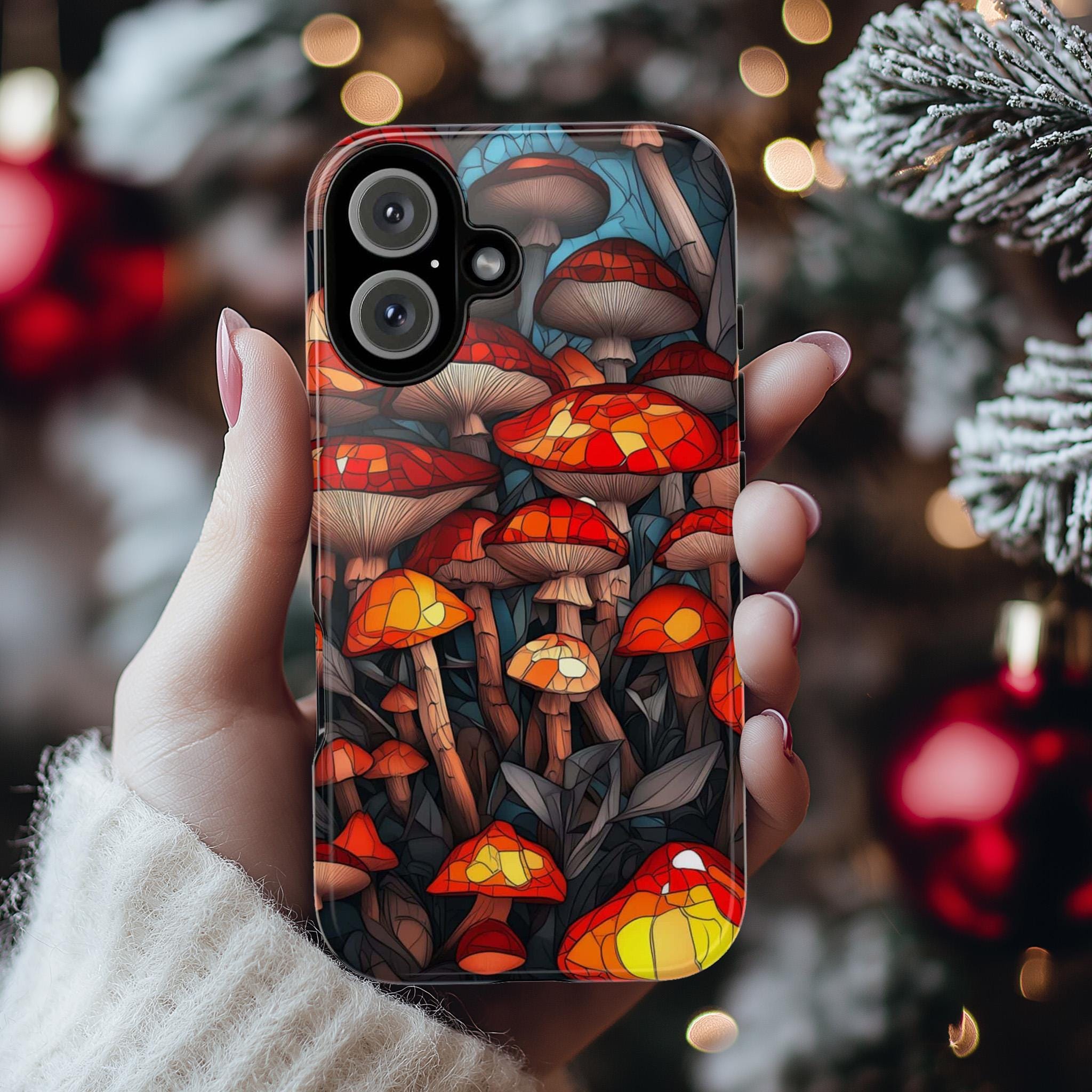 Stained Glass Autumn Mushrooms in the Forest Phone Case, Fall Vibrant Colorful Mosaic Art Cover for iPhone 16 15 14, Samsung Galaxy, Pixel