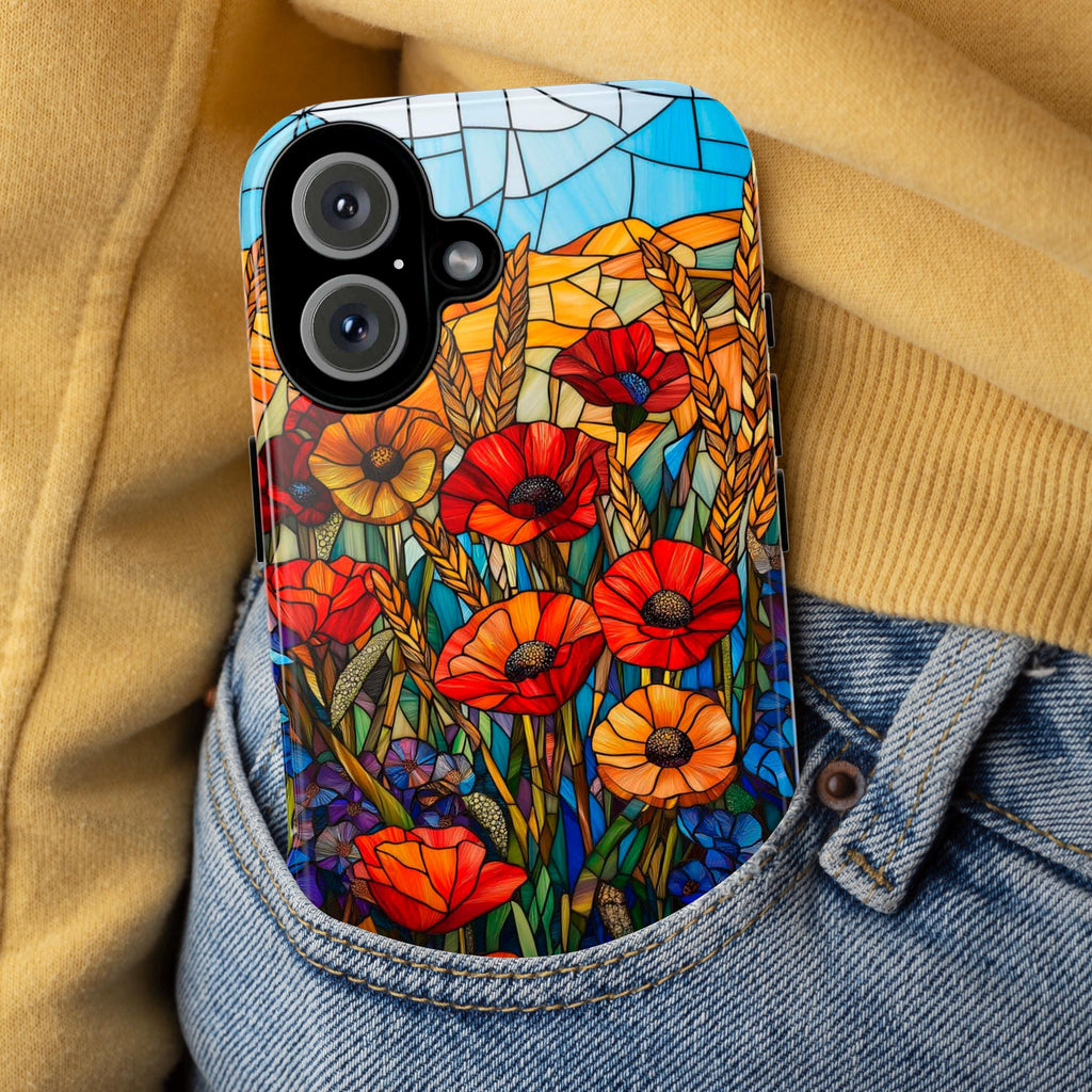 Stained Glass Poppies, CornFlowers Phone Case, Golden Wheat Field Phone Cover for iPhone 16 15 14 13 Pro Magsafe Samsung Galaxy S24, 418.21
