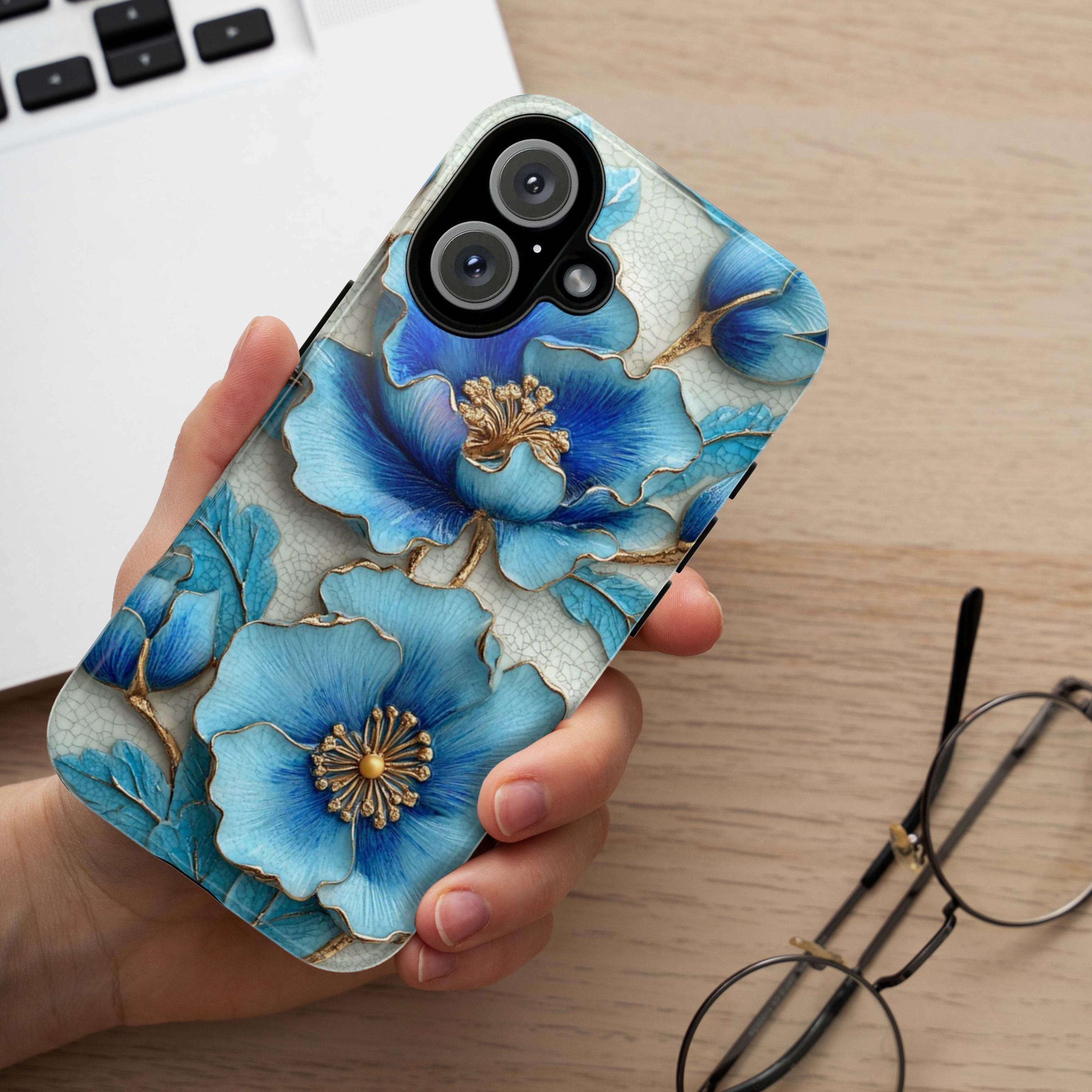 3D Turquoise Blue Floral Phone Case, Elegant Mosaic Design Stylish Accessory Textured 3D Effect for iPhone Tough or Magsafe, Samsung, 476.13