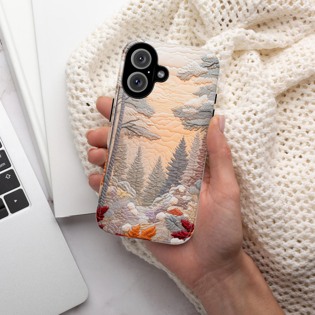 Winter Landscape Patchwork MagSafe Phone Case, Cozy Snowy Design with Winter Forest & Sunset Case for iPhone 16 15 14 13, Samsung S24, 453.8