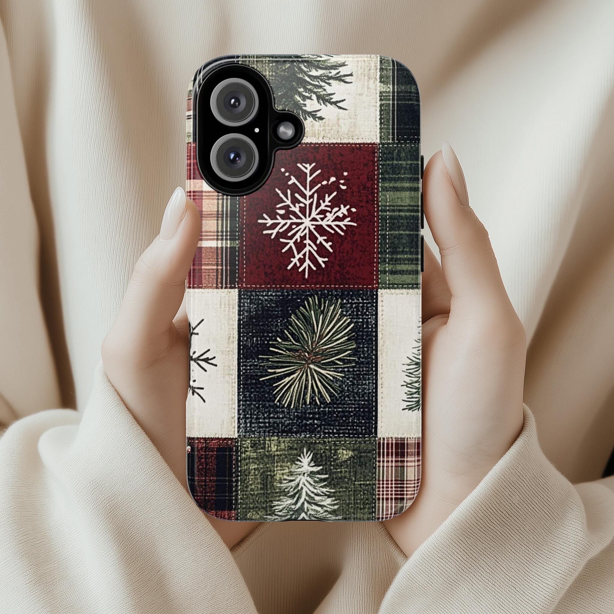 Cozy Xmas Plaid Phone Case, Festive Christmas Holiday Checkered Snowy Phone Cover for iPhone 15 14 13 12 Pro Max Plus, Galaxy S25, 426.2