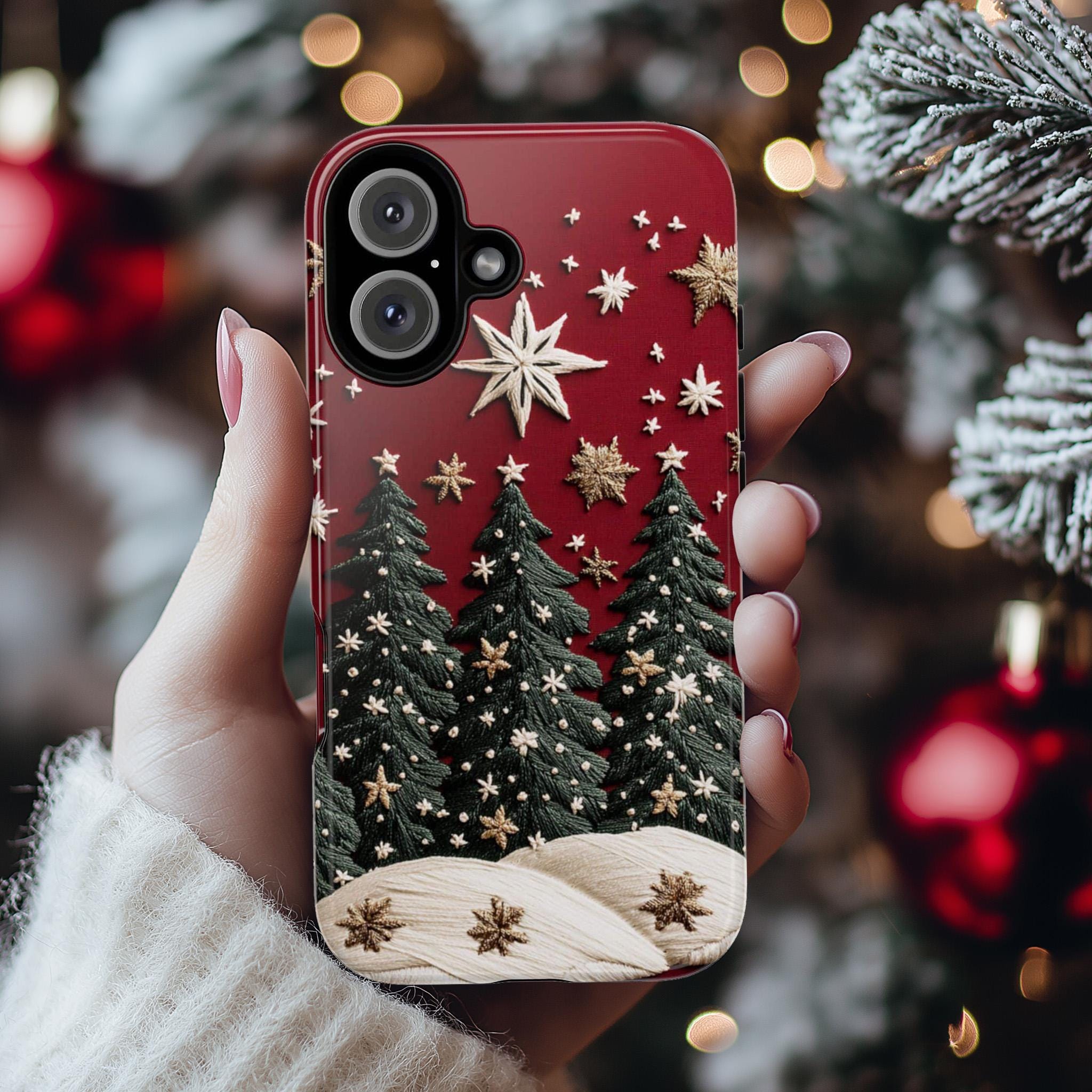 Christmas Tree and Star 3D Embroidered effect Winter Phone Case, Festive Holiday Design,  for iPhone 16 15 14 13 Magsafe, Samsung S25, 444.2