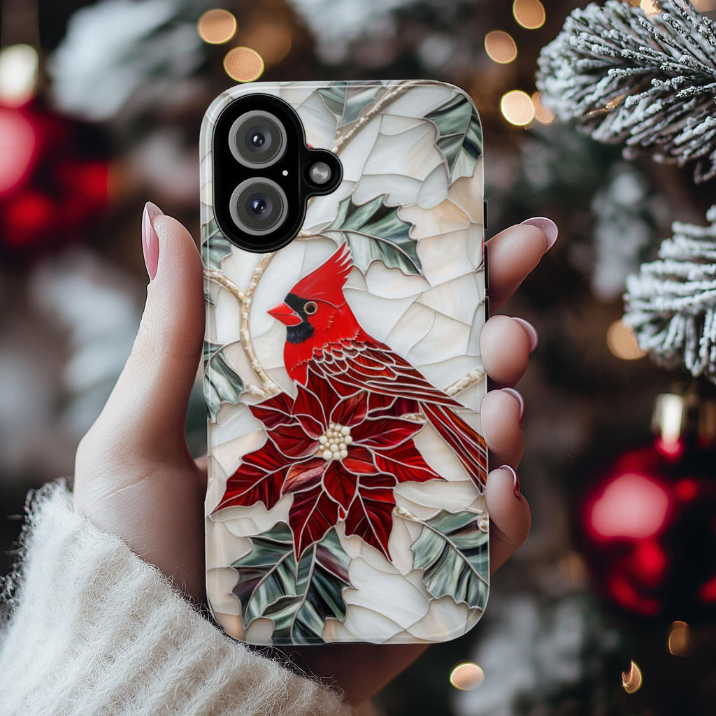 Cardinal & Poinsettia Stained Glass Winter Phone Case,  Red Bird and Floral Design MagSafe for iPhone 16 15 14 13, Samsung S24, 420.8