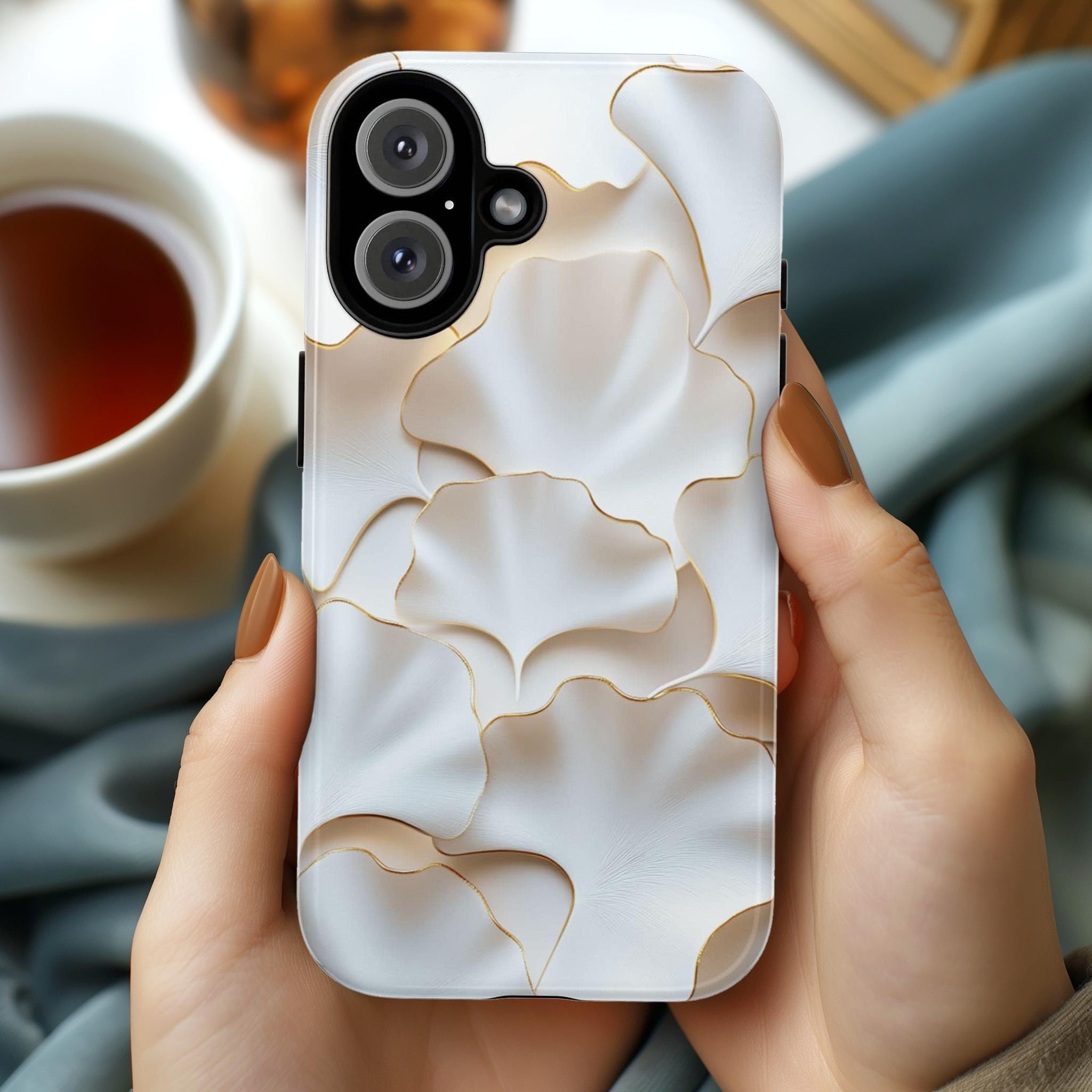 White Ginkgo Leaf Phone Case, 3D Style Gold Edged Design, Botanical Art Case for iPhone 16 15 14 13 Magsafe Pro Max, Samsung S25, 439.61