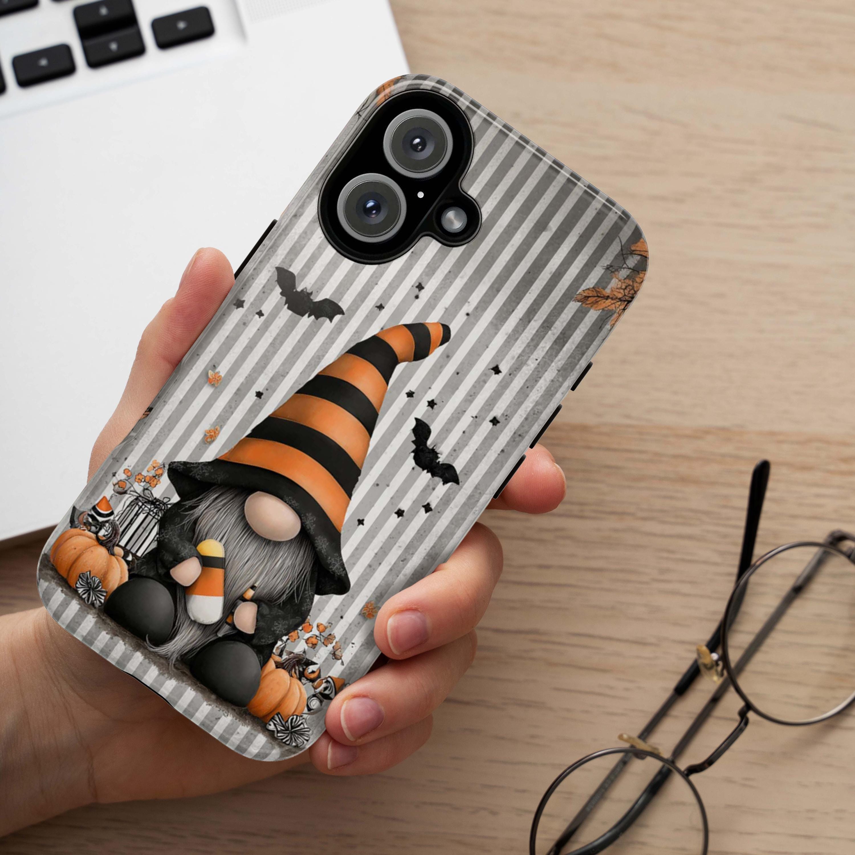 Cozy Fall Gnome Phone Case, Halloween Design Phone Case, Autumn Pumpkins & Bats Cover for iPhone 17 16 15 Tough or Magsafe, Samsung, 480.3