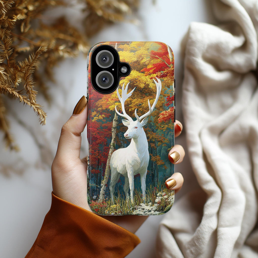 Fall Forest Phone Case with Deer and Vibrant Autumn Leaves, Nature Cozy Autumn Phone Case for iPhone 16 15 Tough or Magsafe, Samsung, 480.1