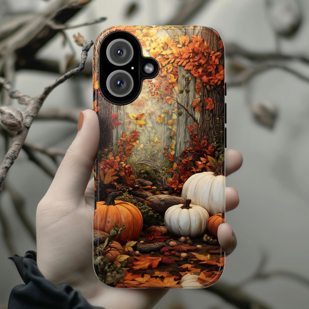 Autumn Forest Pumpkin Phone Case with Fall Leaves Design, Thanksgiving Phone Cover for iPhone 16 15 Tough or Magsafe, Samsung, 475.23