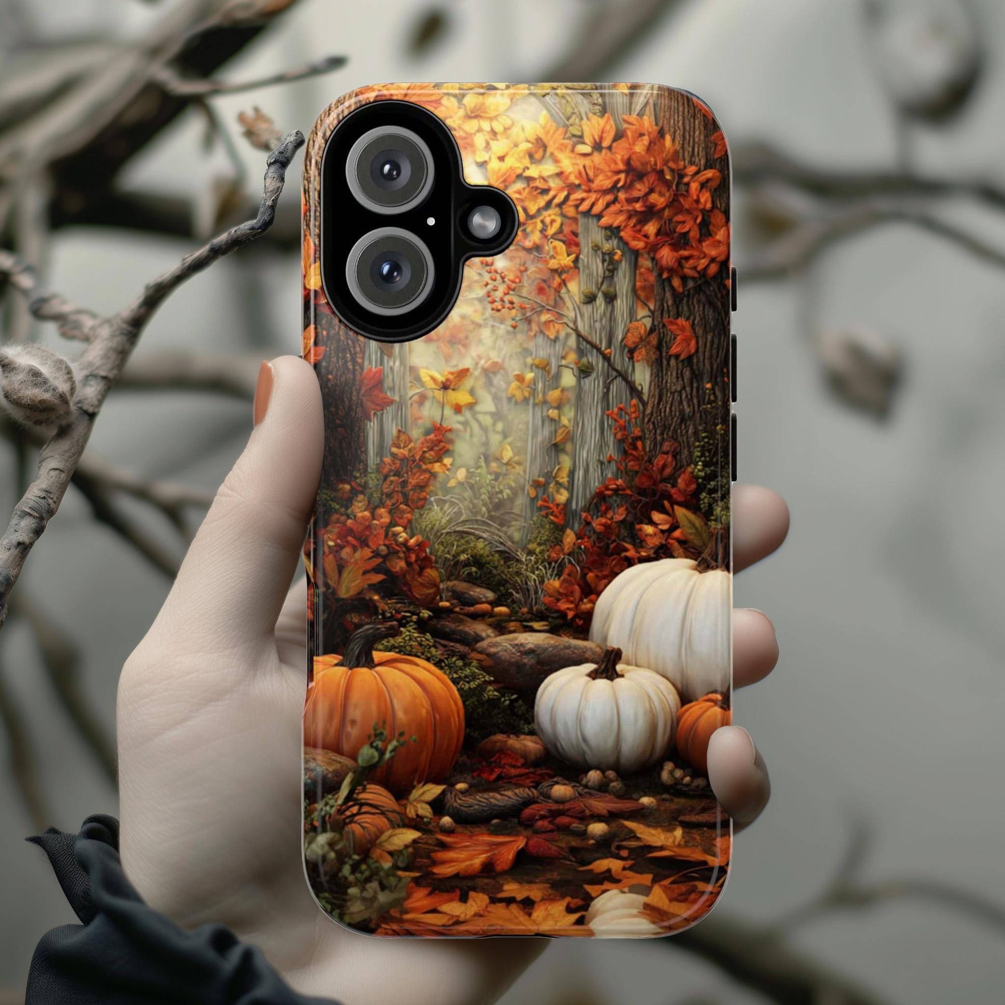 Autumn Forest Pumpkin Phone Case with Fall Leaves Design, Thanksgiving Phone Cover for iPhone 16 15 Tough or Magsafe, Samsung, 475.23