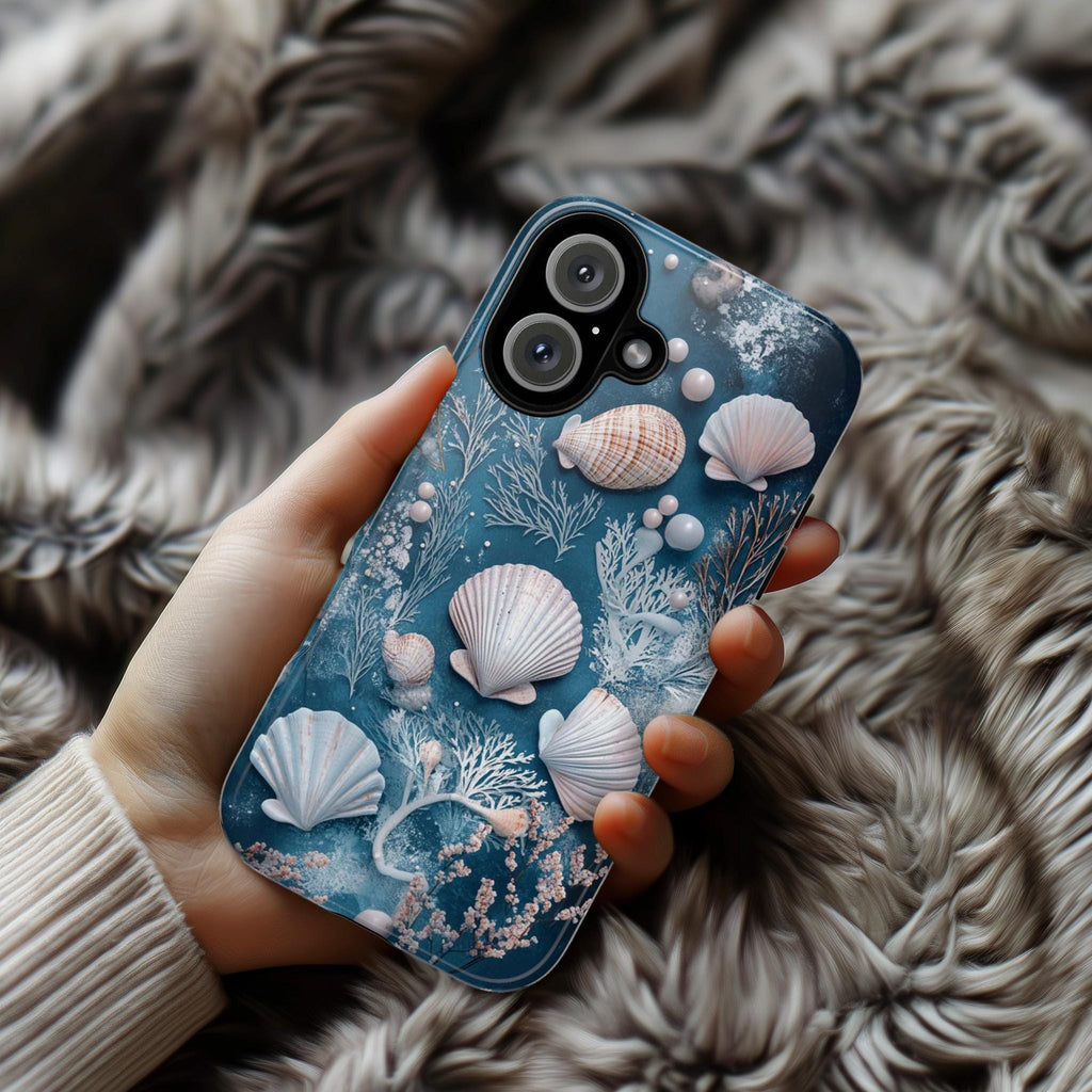 Ocean Shell Phone Case, 3D Stlye Blue Sea Design & Marine Plants, Seashells Underwater Texture Tough or Magsafe for iPhone, Galaxy, 455.17