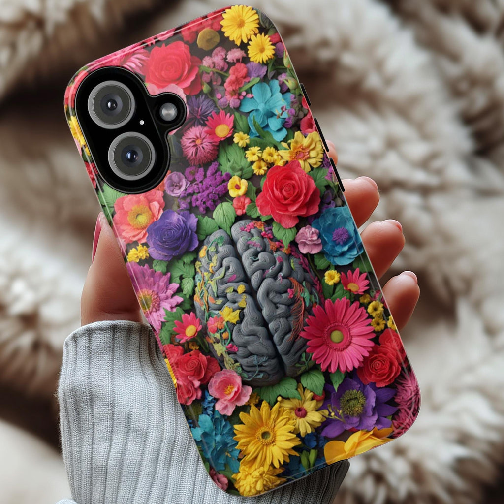 Vibrant Human Brain Floral Phone Case, Botanical Design with Daisies & Roses, Medical Case for iPhone 17 16 Tough or Magsafe, Samsung, 430.4