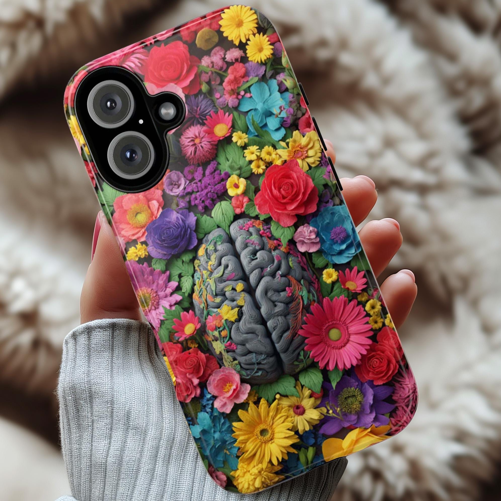 Vibrant Human Brain Floral Phone Case, Botanical Design with Daisies & Roses, Medical Case for iPhone 17 16 Tough or Magsafe, Samsung, 430.4