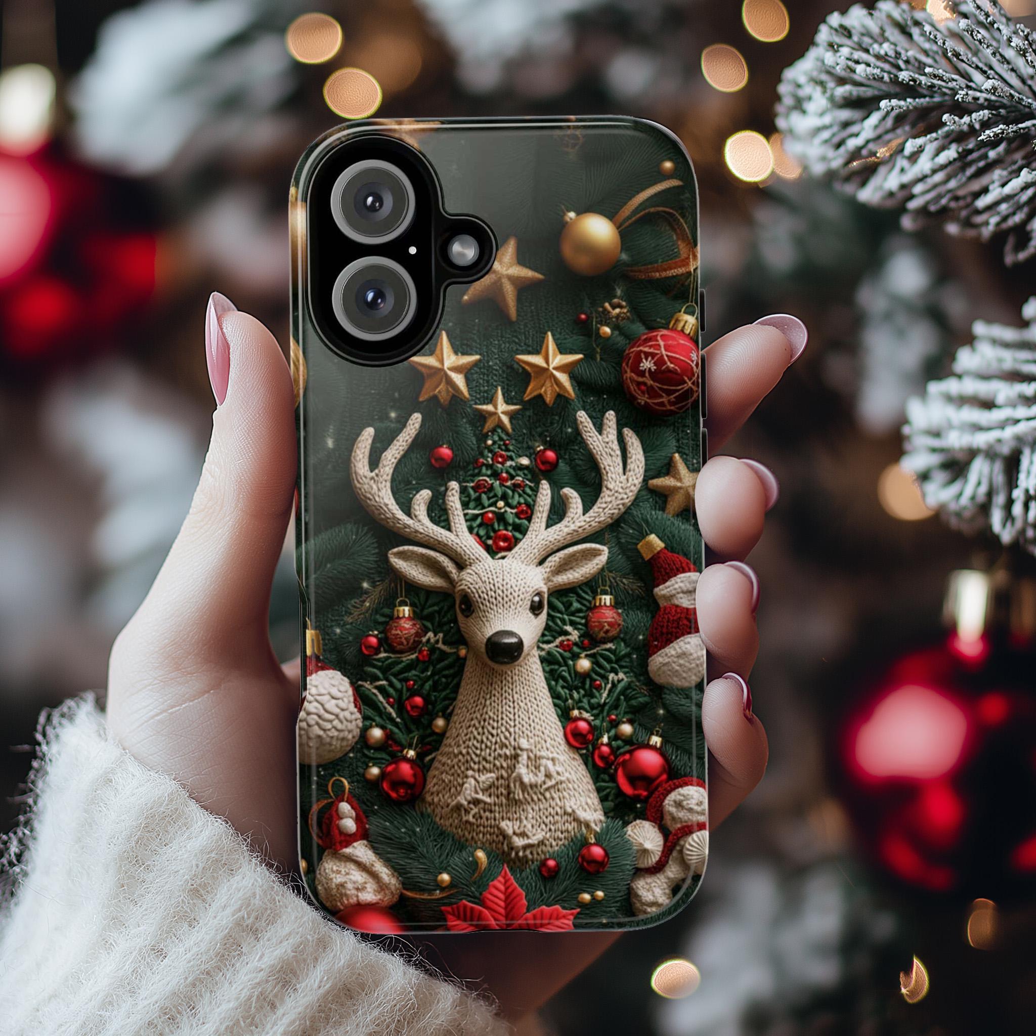 3D Knitted Christmas Reindeer Phone Case, Festive Knit Effect Holiday Design, Christmas Ornaments Mobile Cover, Protective Xmas Gift, 443.2
