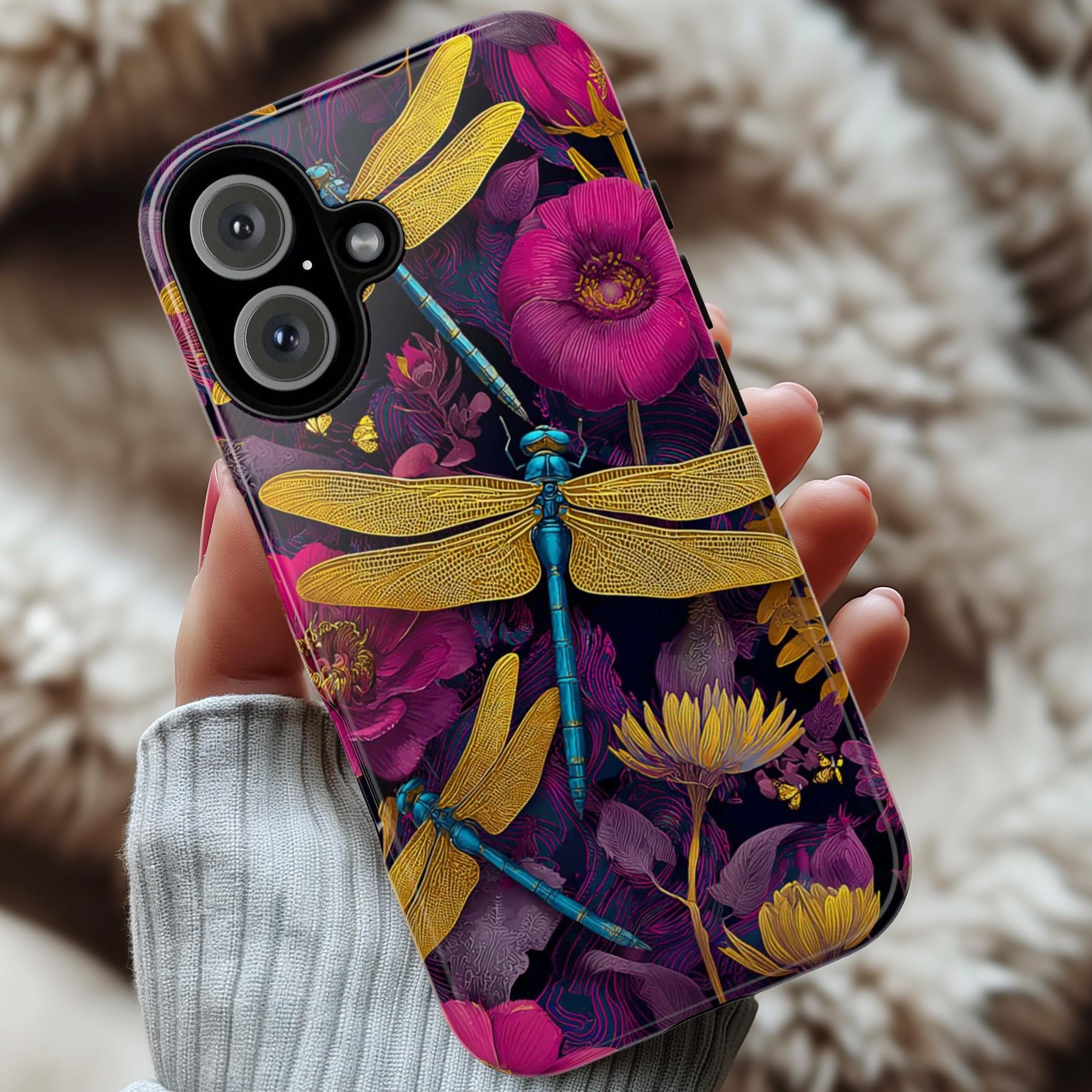 Dragonfly & Flowers Phone Case, Colorful  Artistic Nature Cover, Elegant Botanical Phone Case for iPhone Tough or Magsafe, Samsung, 476.22