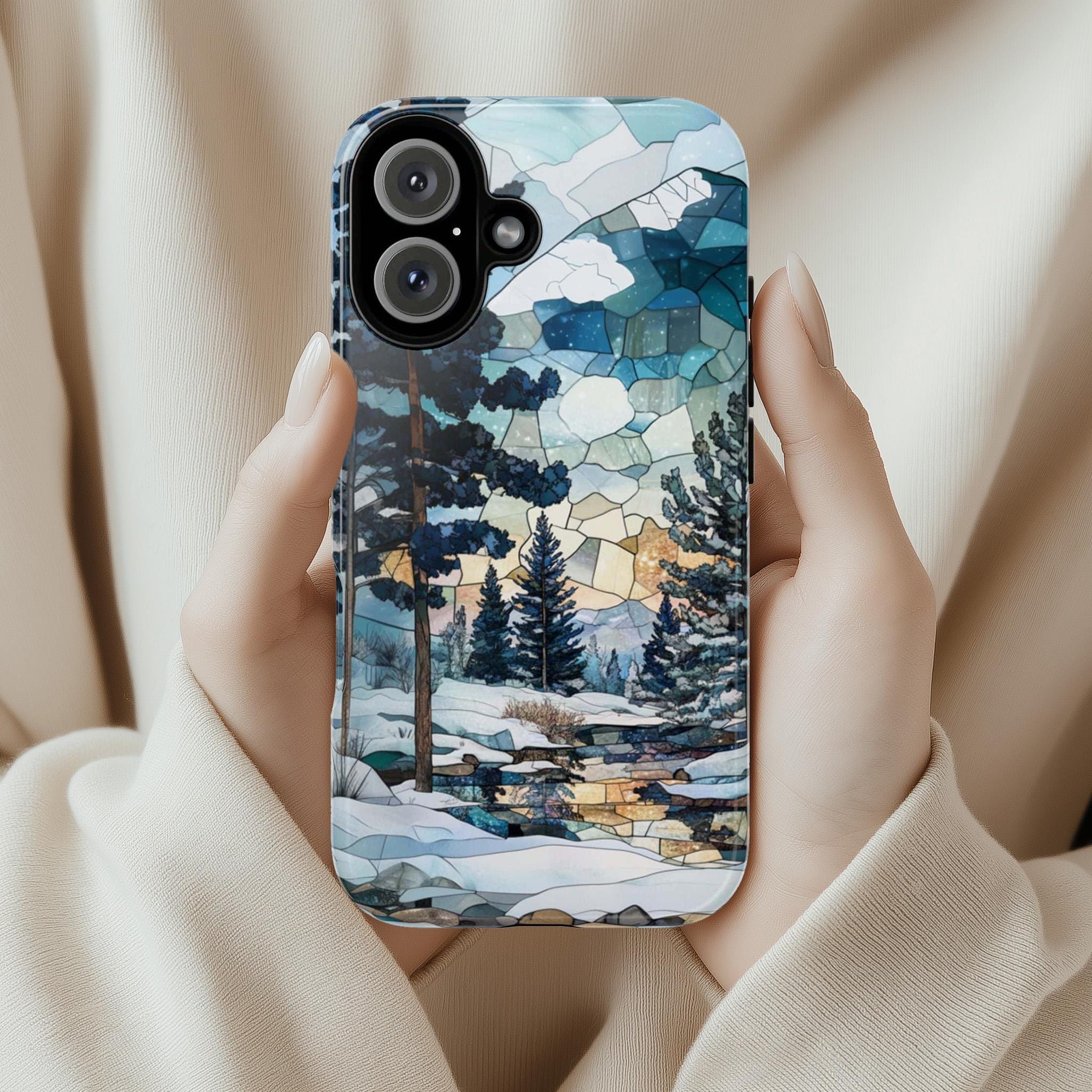 3D Winter Landscape Stained Glass Design Phone Case, Winter Forest Phone Cover for iPhone 15 14 13 12 11 8 Pro Max Plus, Samsung S25, 420.3
