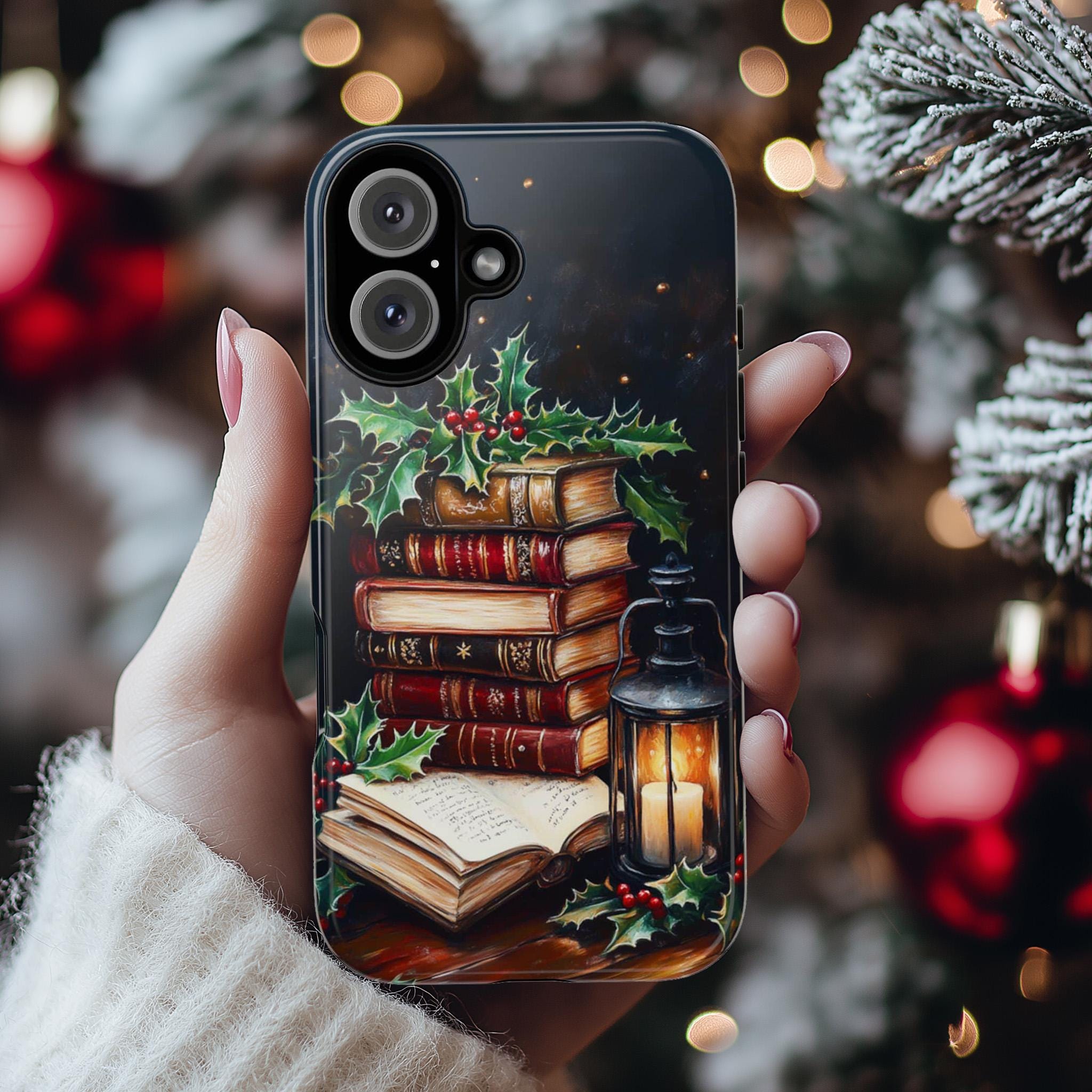 Xmas Gothic Dark Academia Bookcase Phone Case, Vintage Books Oil Painting effect Case for iPhone 16 Pro Max 15 14 Plus, Samsung S24 Ultra