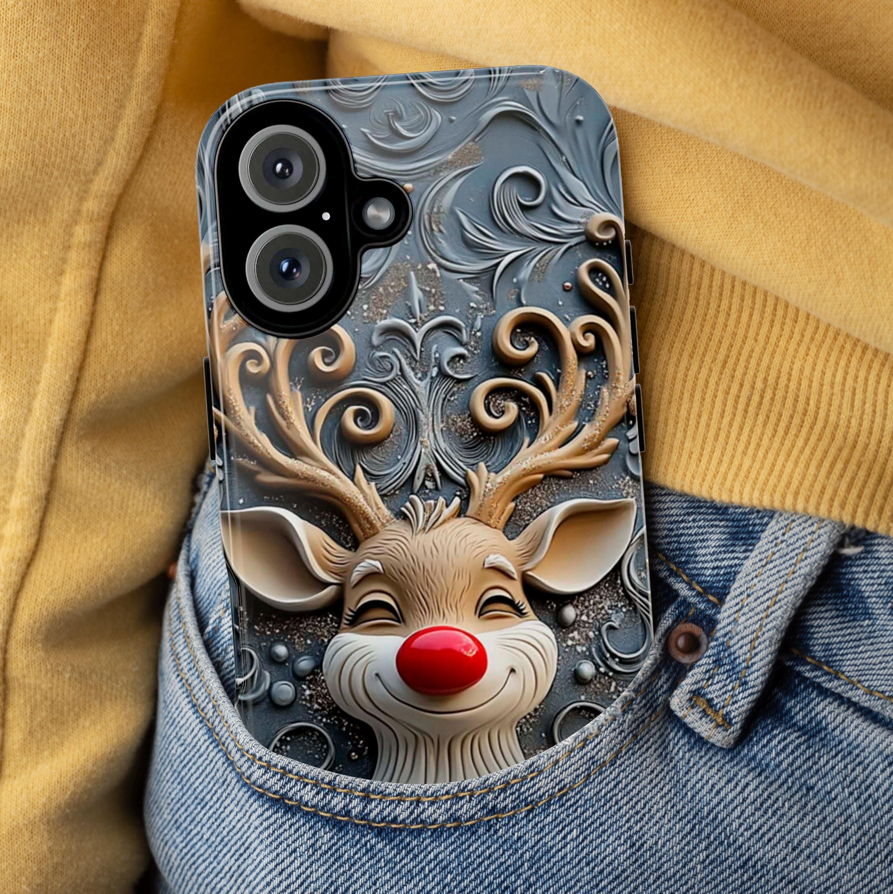 Xmas Rudolph Reindeer Phone Case, Festive Christmas Design, Cute Festive Phone Cover, Xmas Gift for iPhone 16 15, Samsung Galaxy, 433.16