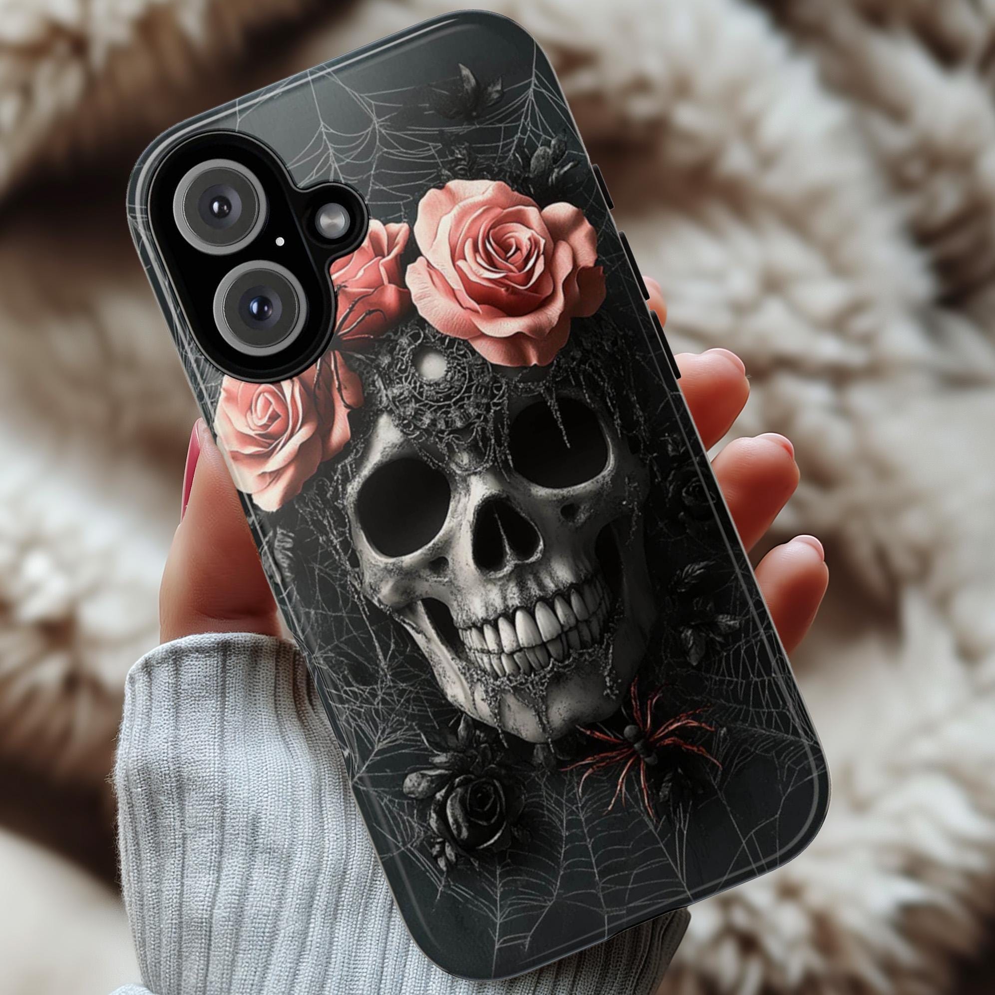 Dark Gothic Pink Roses & Skull Phone Case, Dark Fantasy Art Design, Spider Webs Phone Case for iPhone 16, Samsung S25, Pixel 9, 465.3