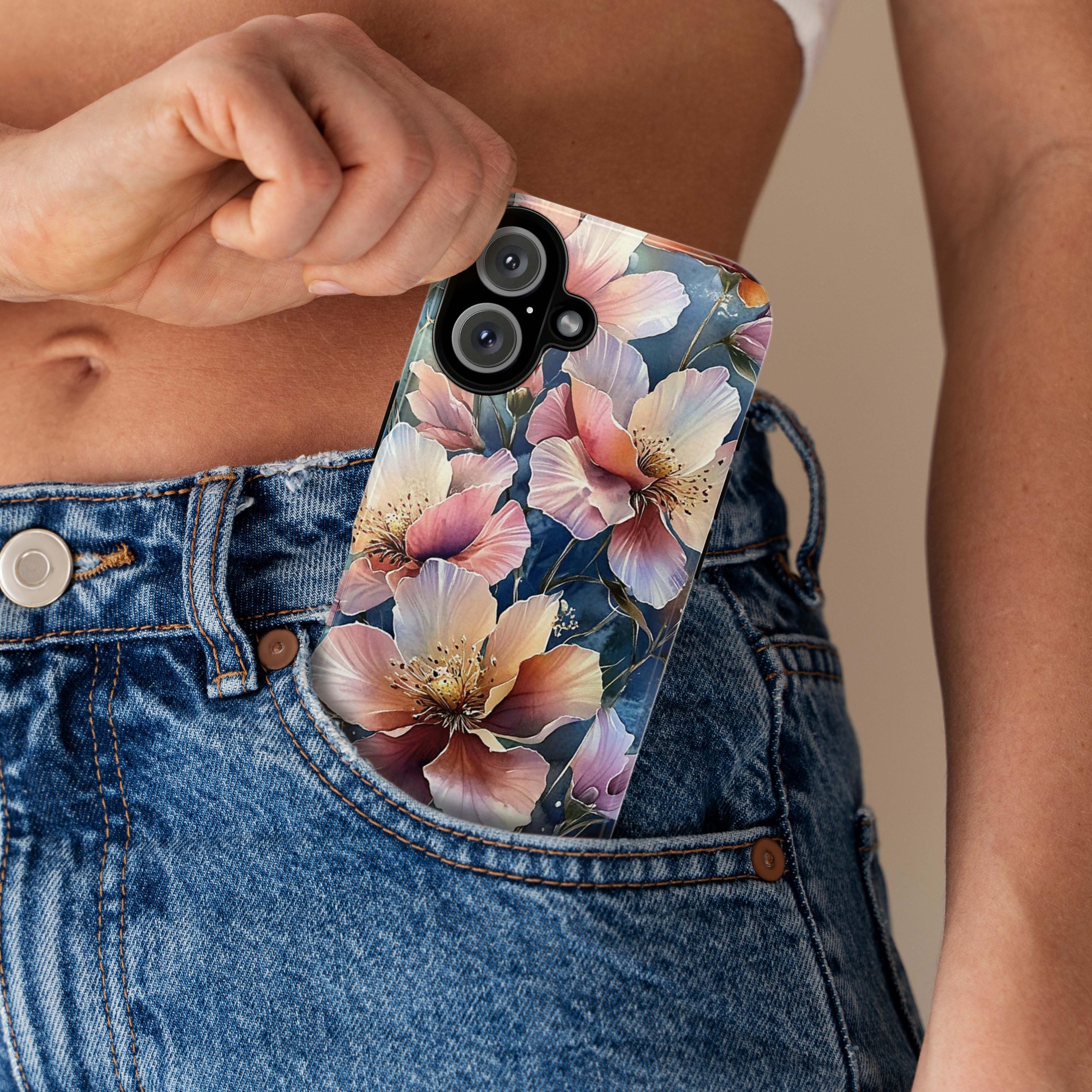 Vintage Style Phone Case, Pink Lilies Design Phone Cover, Feminine & Elegant Accessory for iPhone Tough or Magsafe, Samsung, 476.9