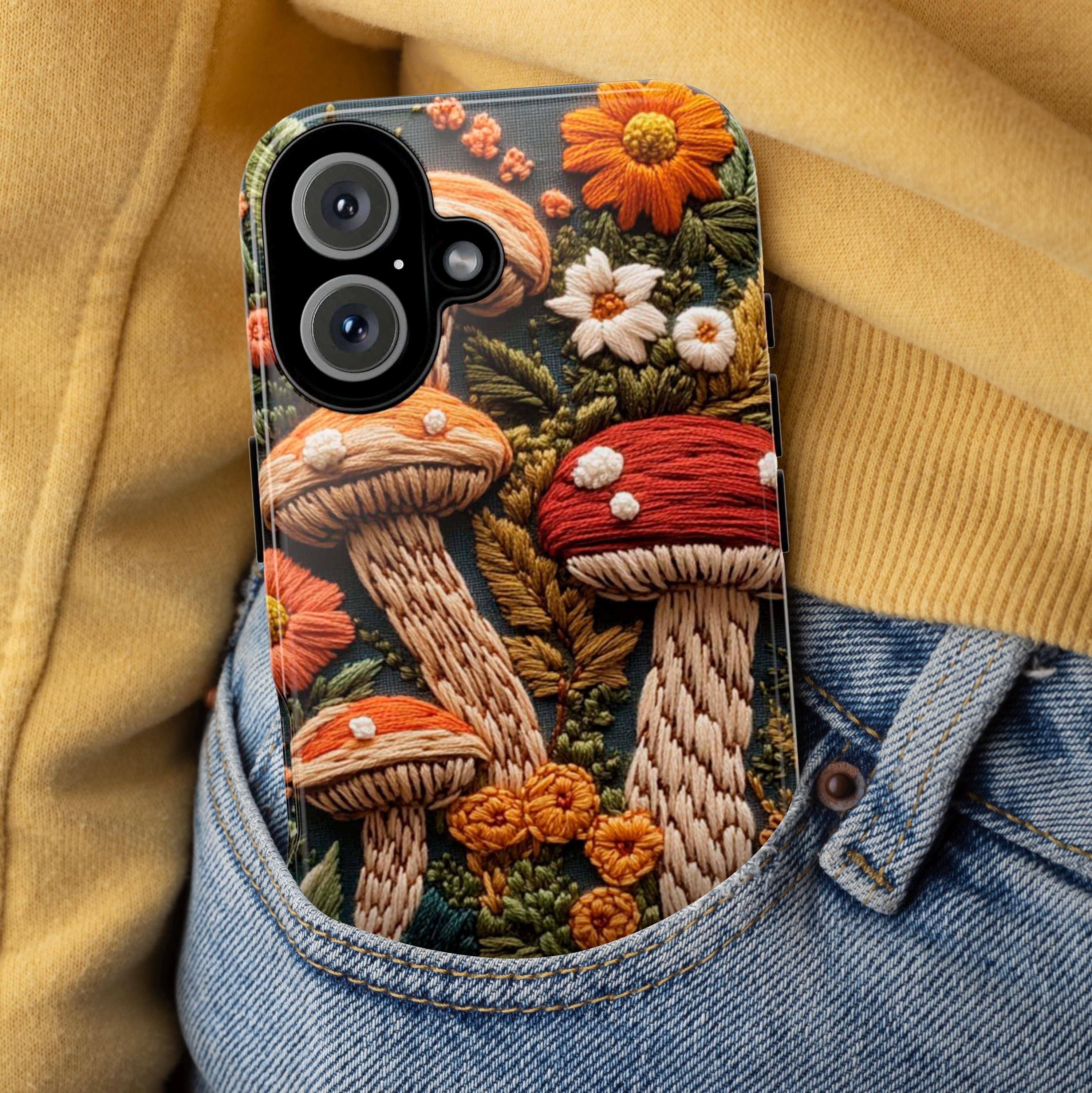 Embroidered Autumn Mushrooms Phone Case, Fall Forest MagSafe for iPhone 16 15 14 13 12 Pro Max Plus, Samsung S24 Ultra, Pixel 8, 453.4