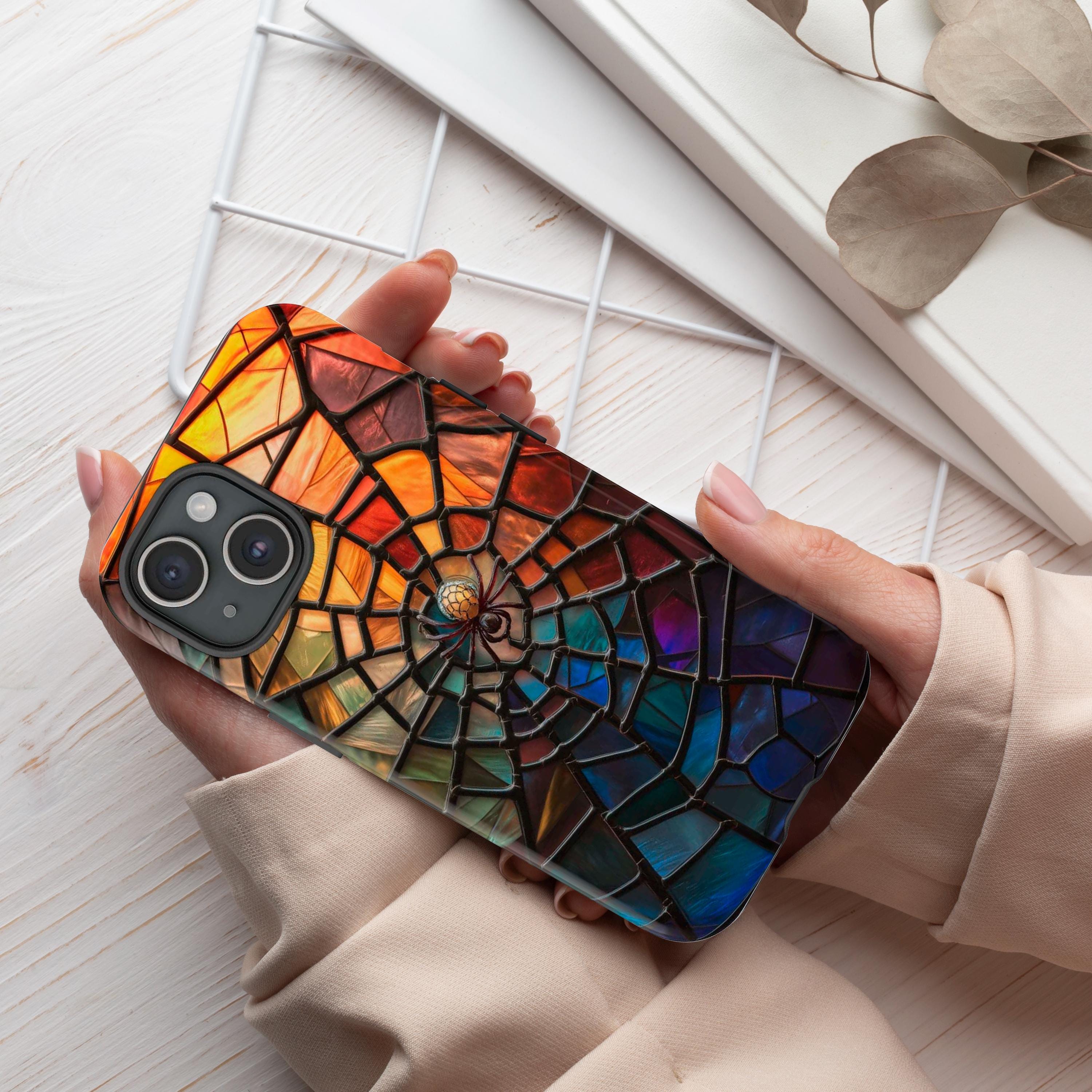 Halloween Phone Case Spiderweb Faux Stained Glass Spooky Cobweb Phone Cover for iPhone 16 15 14 13 12 Pro Max Plus/Samsung Galaxy, Best Gift