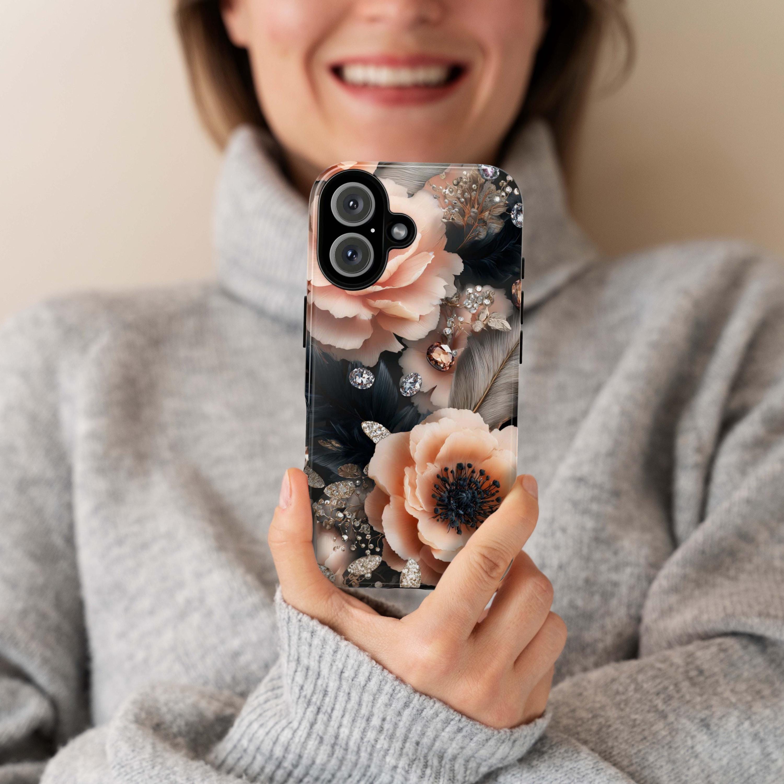 Luxury Anemone Flower Phone Case, Stylish Crystal Accents Rose Floral Design Cover for iPhone 16 15 Tough or Magsafe, Samsung, 476.27
