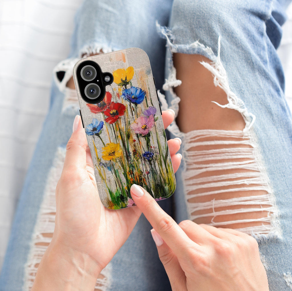 Rustic French Style Phone Case with Old Newspaper Background and Painted Floral Design for iPhone Tough or Magsafe, Samsung, 477.3