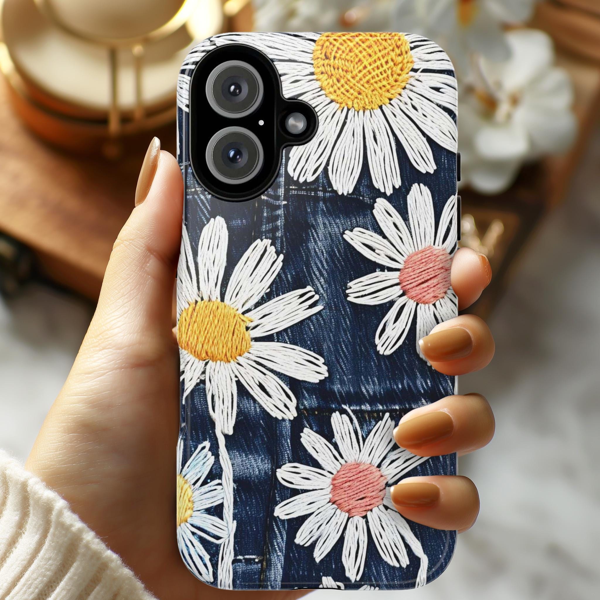 Embroidered Style Daisies on Denim Texture Phone Case, Floral Phone Cover for iPhone 16 Tough or Magsafe, Pixel 9, Samsung S25, 349.1