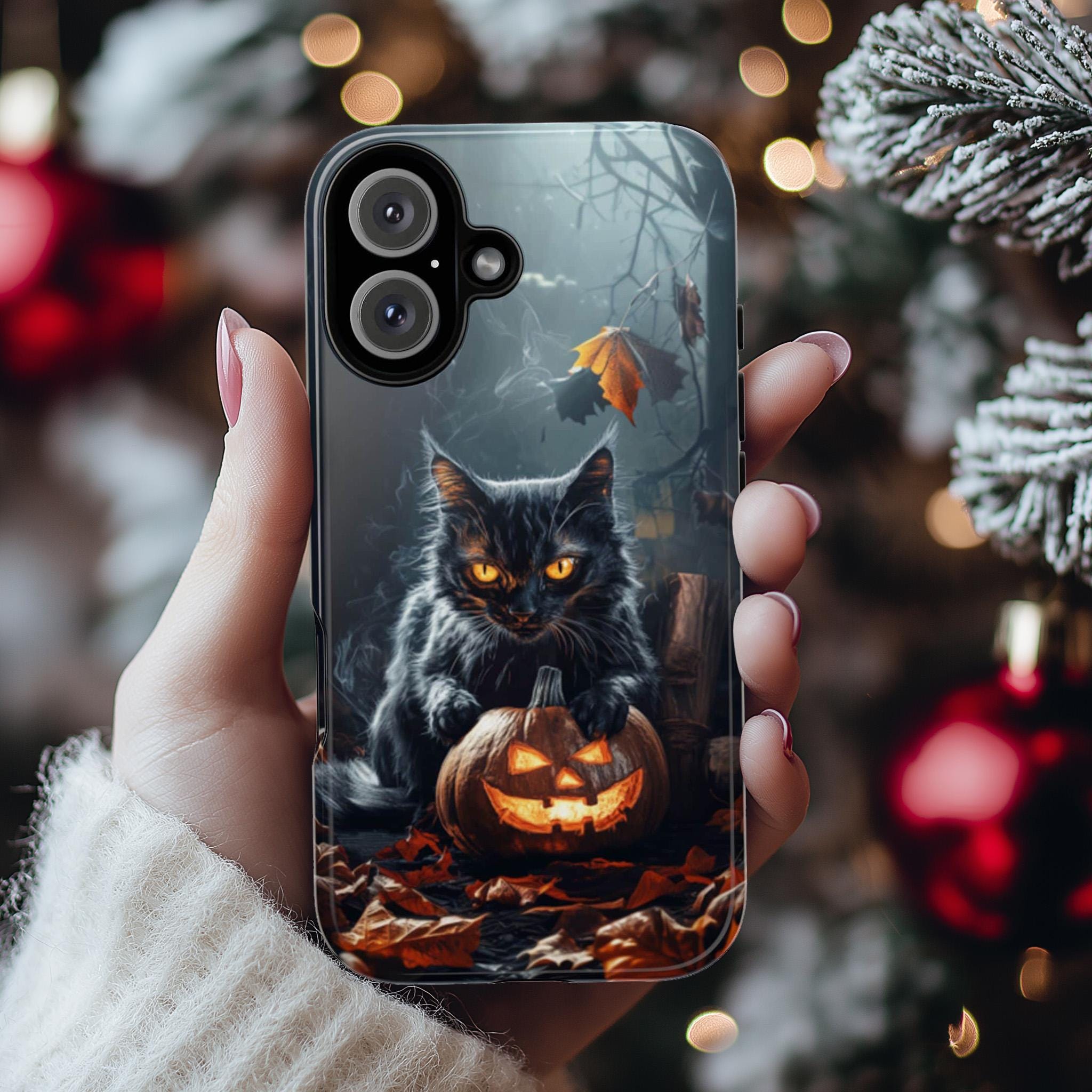 Black Cat and Pumpkin in Dark Night Phone Case, Halloween Lover Gift for iPhone 16 Pro Max 15 14 13 Plus, Samsung S25 ultra, 425.1