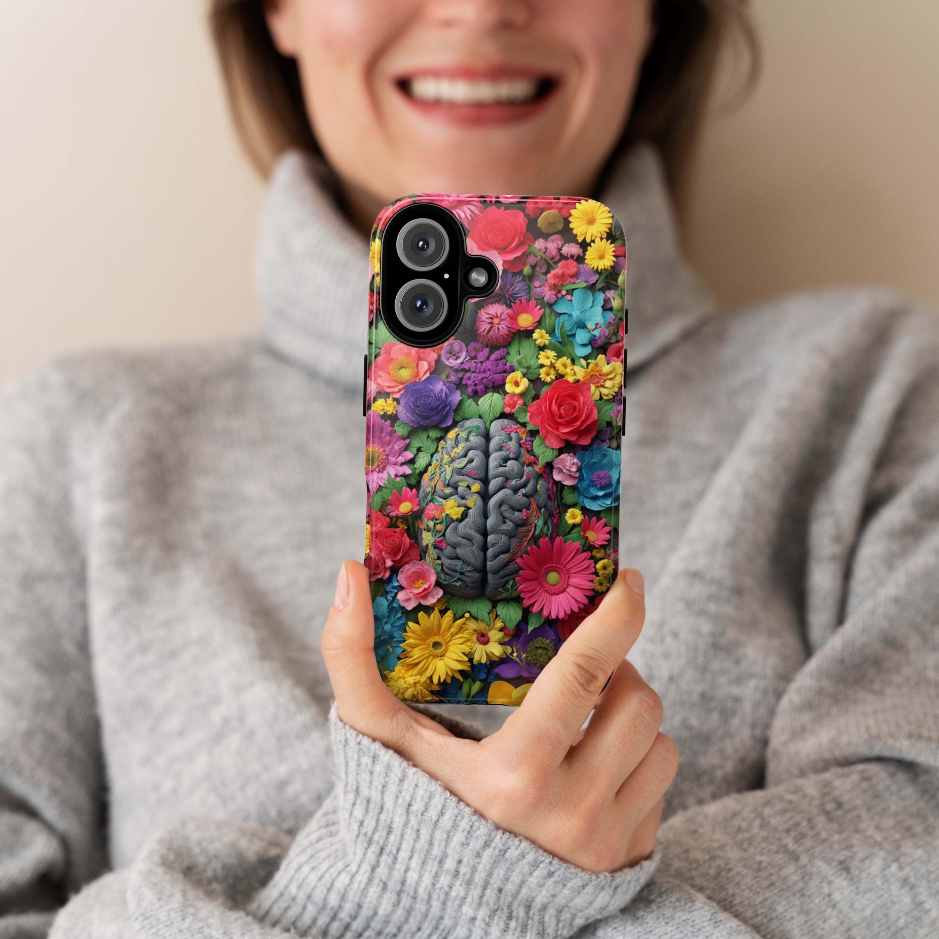 Vibrant Human Brain Floral Phone Case, Botanical Design with Daisies & Roses, Medical Case for iPhone 17 16 Tough or Magsafe, Samsung, 430.4