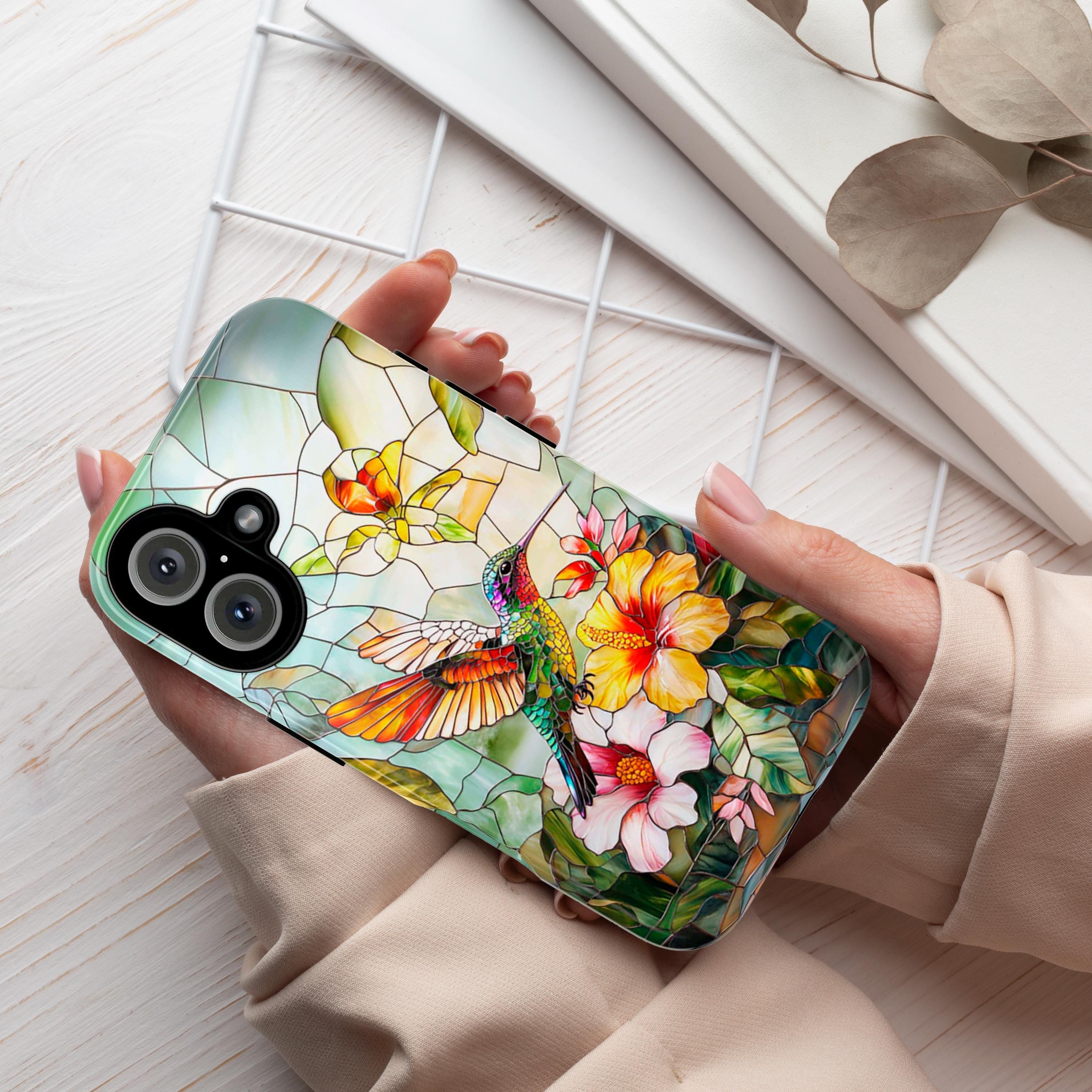 Stained Glass Hummingbird Phone Case | Colorful Bird & Tropical Floral Design for iPhone 16 Pro Max 15 14 Plus Mag Safe, Samsung S25, 419.3