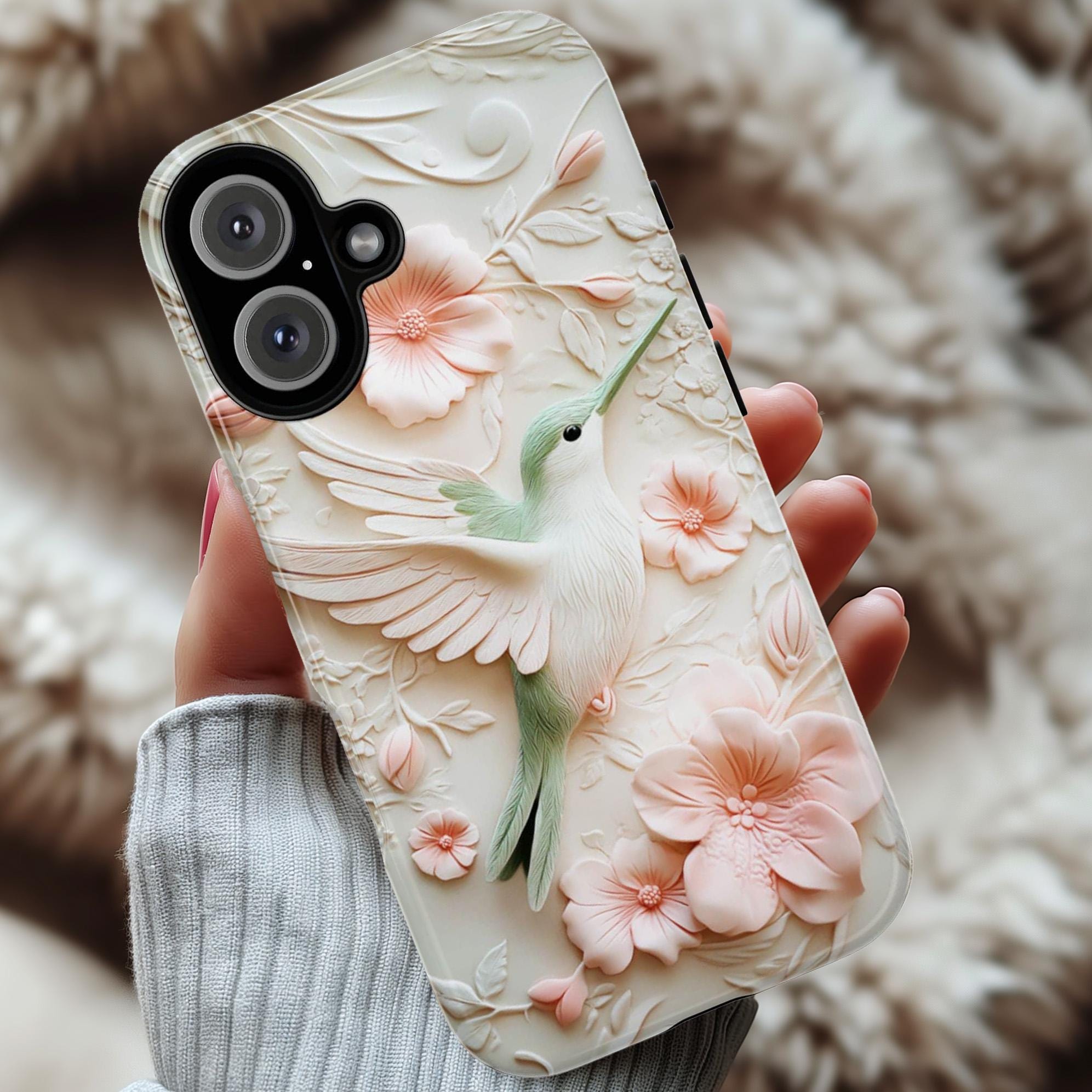 Cozy Hummingbird & Floral Blossom Phone Case, Spring 3D Flower Design for iPhone 16, 15, 14, 13 Tough or Magsafe, Samsung S24, 419.6
