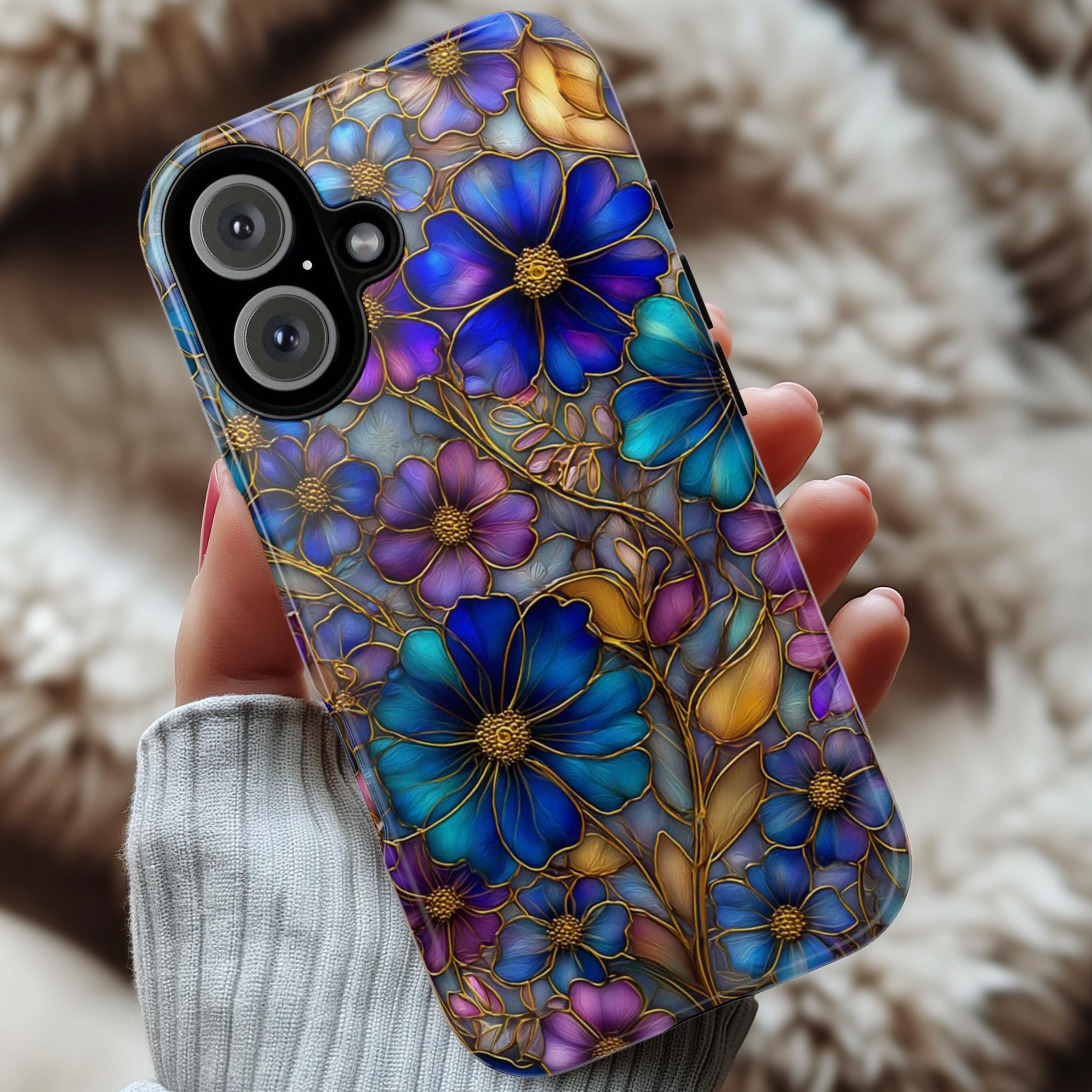 Stained Glass Effect Phone Case with Colorful Floral Design and Gold Accents, Vibrant Artistic Flower Cover for iPhone & Samsung, 478.3