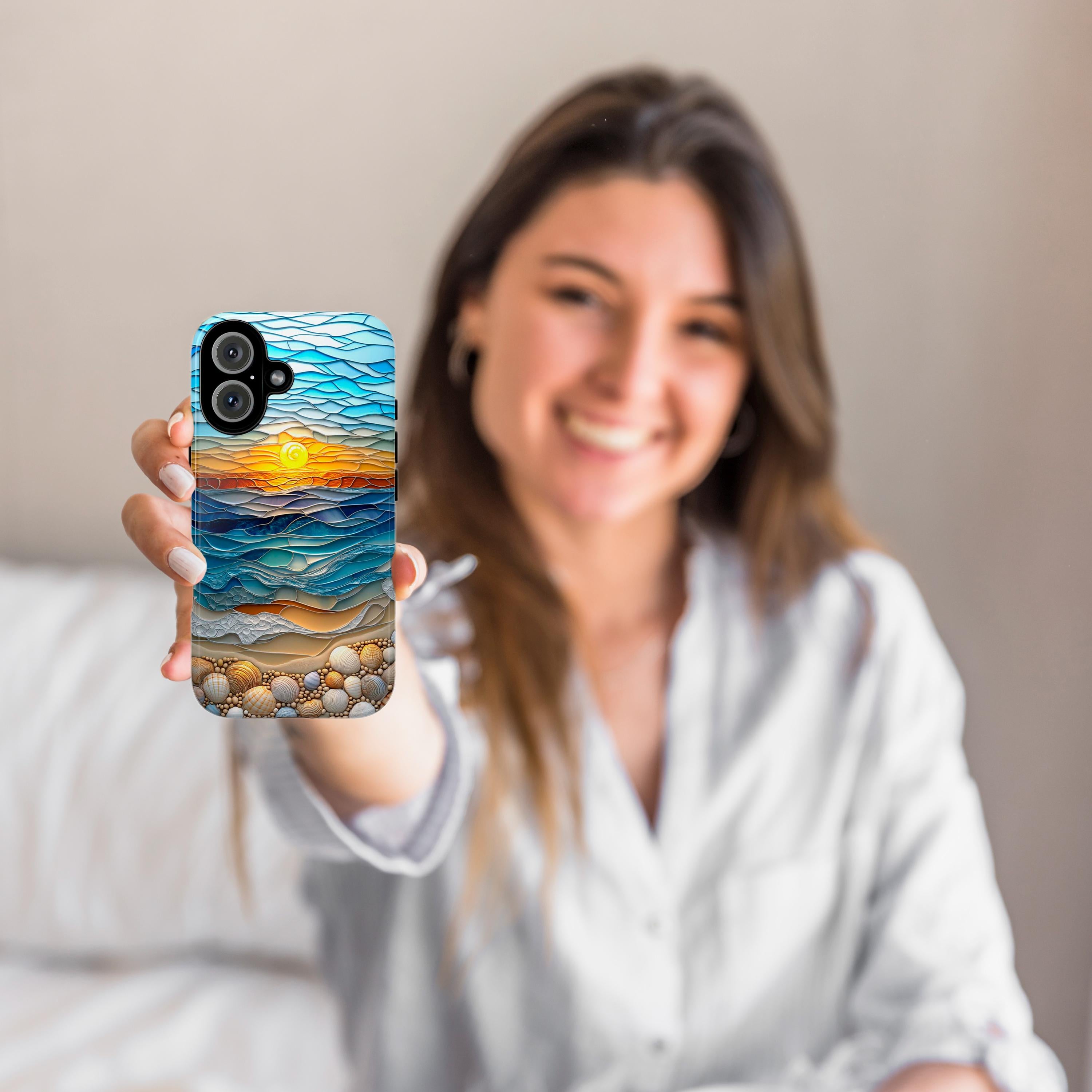Stained Glass Summer Beach Sunset Phone Case, 3D Seashell Ocean Magsafe for iPhone 16 15 14 13 Pro Max Plus / Samsung S24 Pixel, 455.1