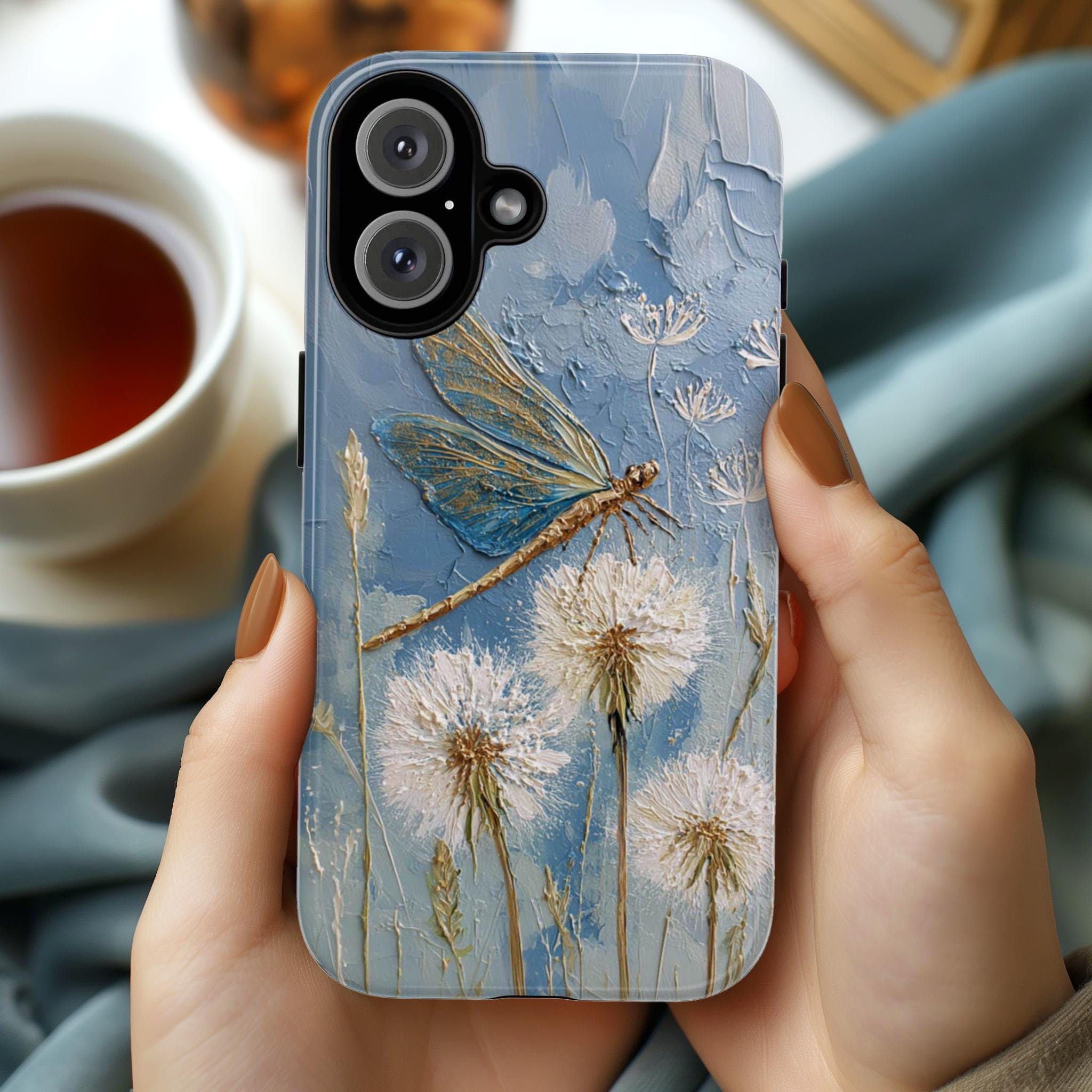 Dragonfly and Dandelion Phone Case with Oil Painting Effect, Nature Artistic Botanical Cover for iPhone Tough or Magsafe, Samsung, 476.25