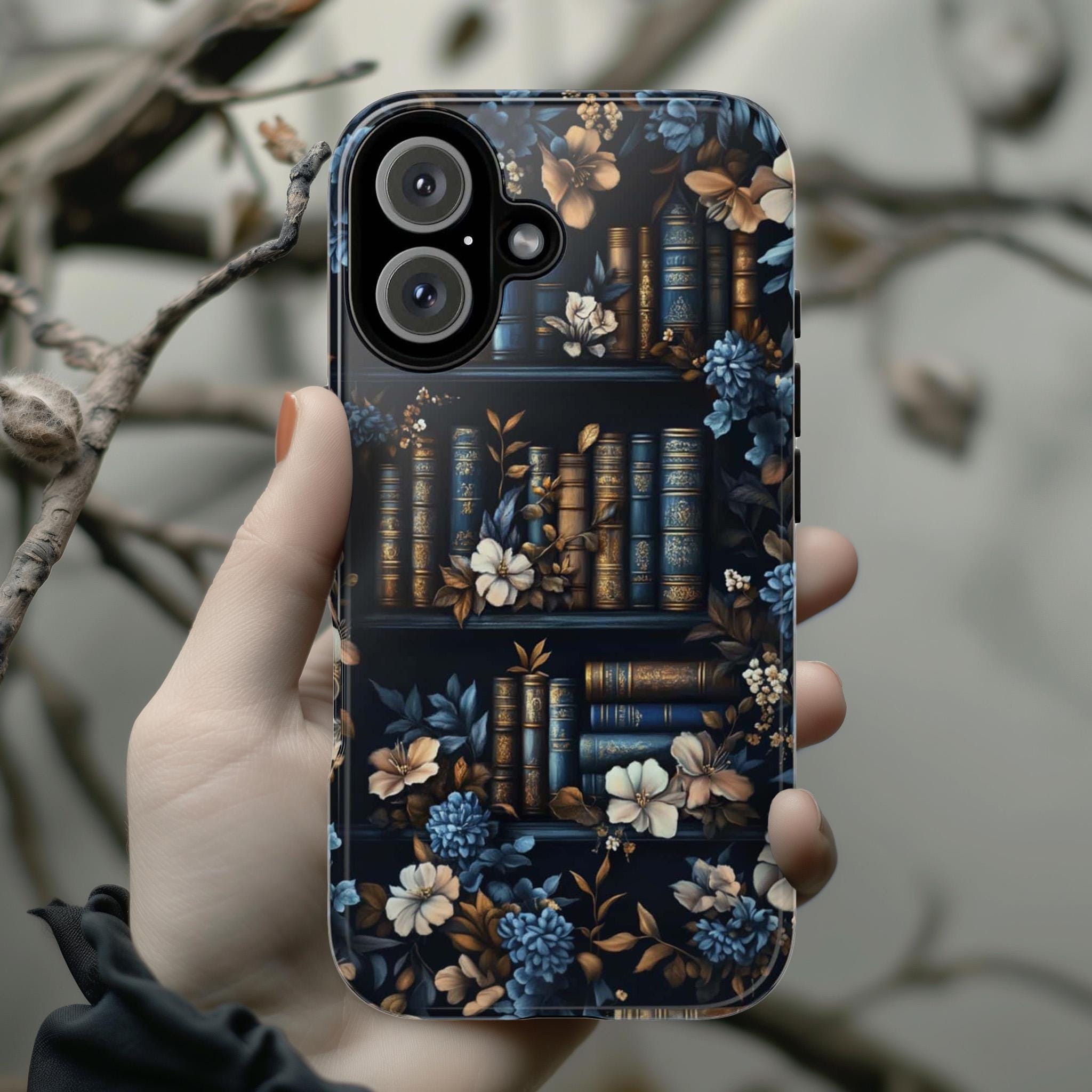 Vintage Library Floral Phone Case, Book and Blue Flowers Design, Bookworm Phone Case for iPhone 16 15 14 13 Magsafe, Samsung S25, 423.23