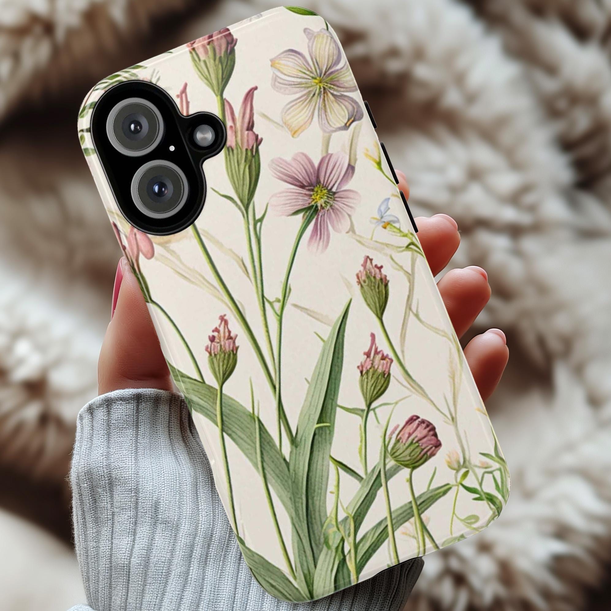 Botanical Floral Phone Case, Wild Flowers Spring Vibes Phone Cover with Ghost Leaves for iPhone 16 15 Pro Max Plus/Samsung S25, 0014.4