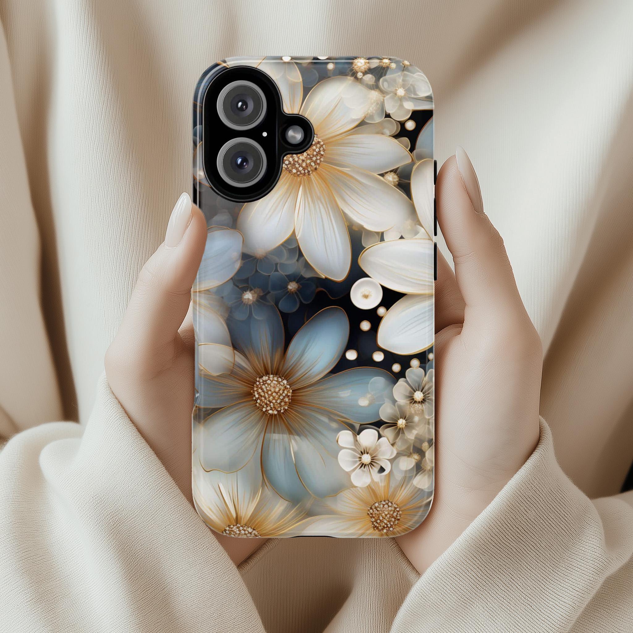 Daisy Flowers Stained Glass Phone Case, Gold & White Floral, Aesthetic Art Floral Cover for iPhone 16 Magsafe, Galaxy S25 Pixel 9, 333.1