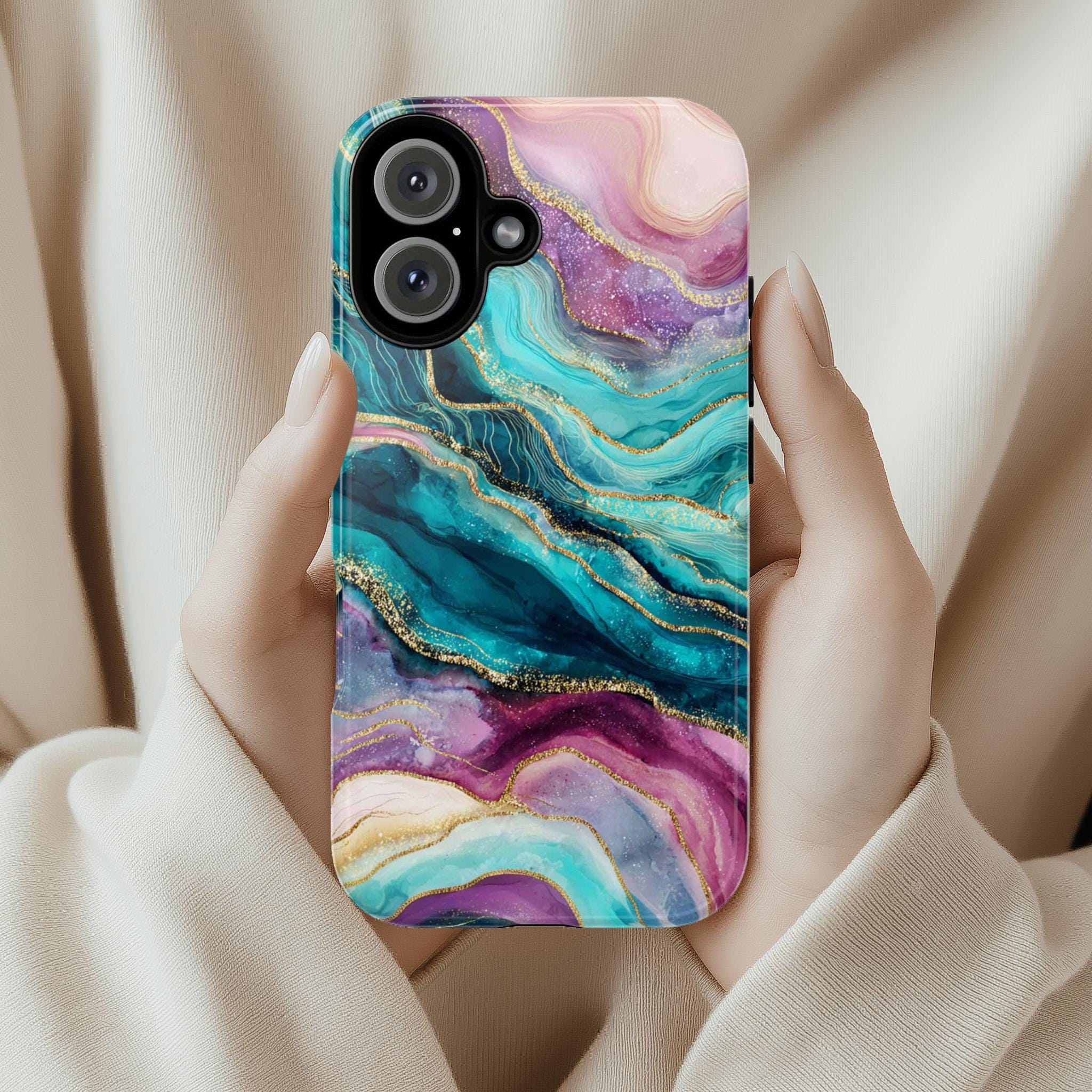 Pink Teal Bold Marble with Gold effect Phone Case, Stylish Protective Cover for iPhone and Android, Chic Modern Aesthetic Accessory, 479.2