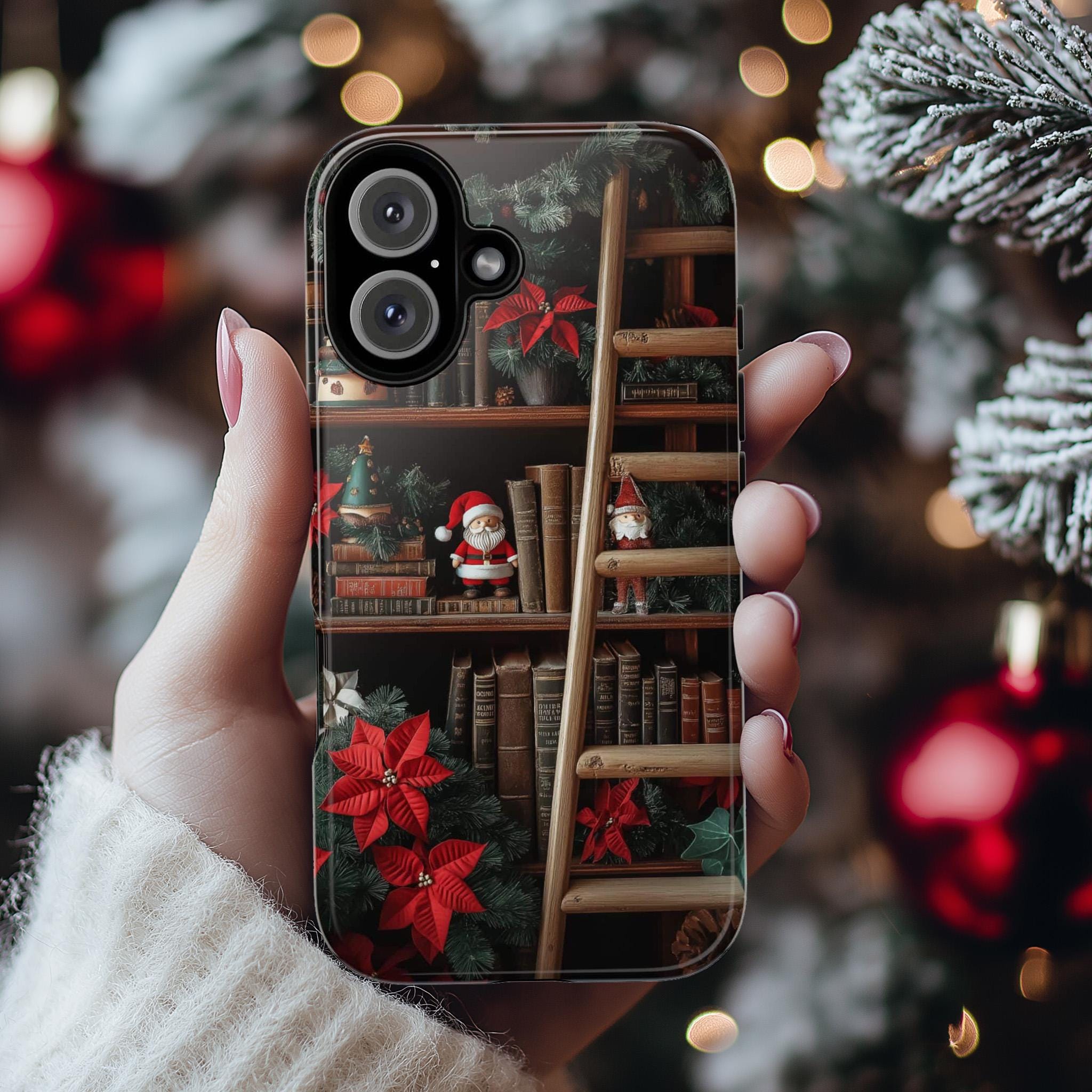 Vintage Bookshelf Phone Case with Festive Santa and Poinsettias for iPhone 16 Pro Max 15 14 13 Plus, Samsung S24, Christmas Case, 423.11