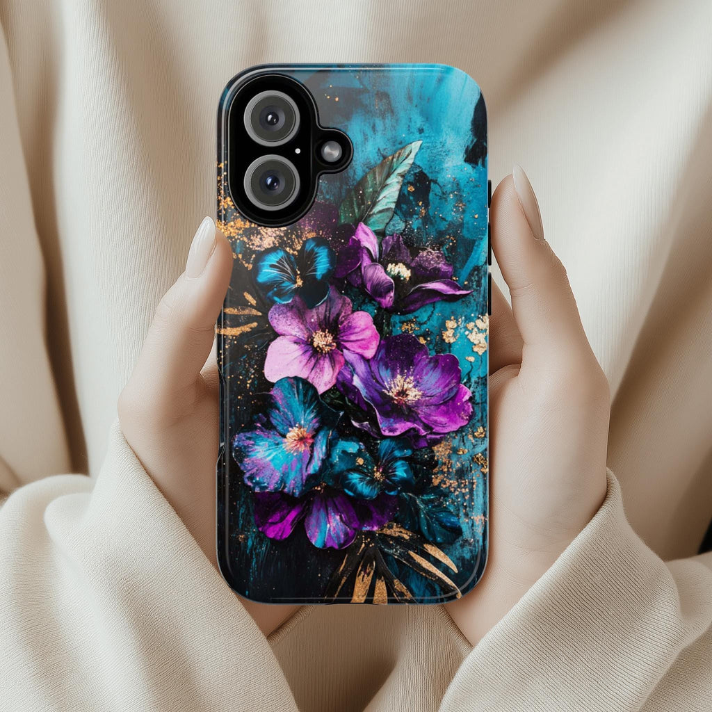 Purple Floral Art Phone Case, Glitter Blossom Painted Design, Teal Floral Case iPhone 16 15 14 13 Pro Max Plus Magsafe, Samsung S24, 436.1