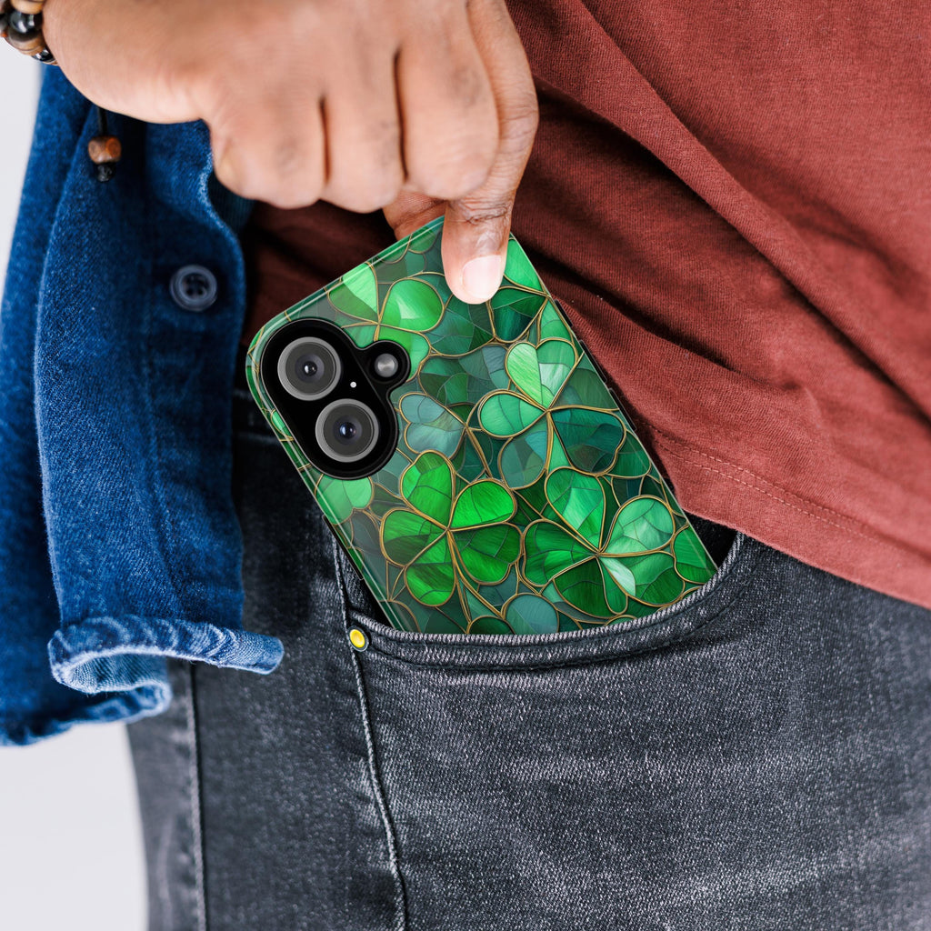 Stained Glass Shamrocks Phone Case, St Patrick's Day Irish Holiday Phone Cover for iPhone 16 15 14 13 Pro Magsafe Samsung Galaxy S24, 457,6