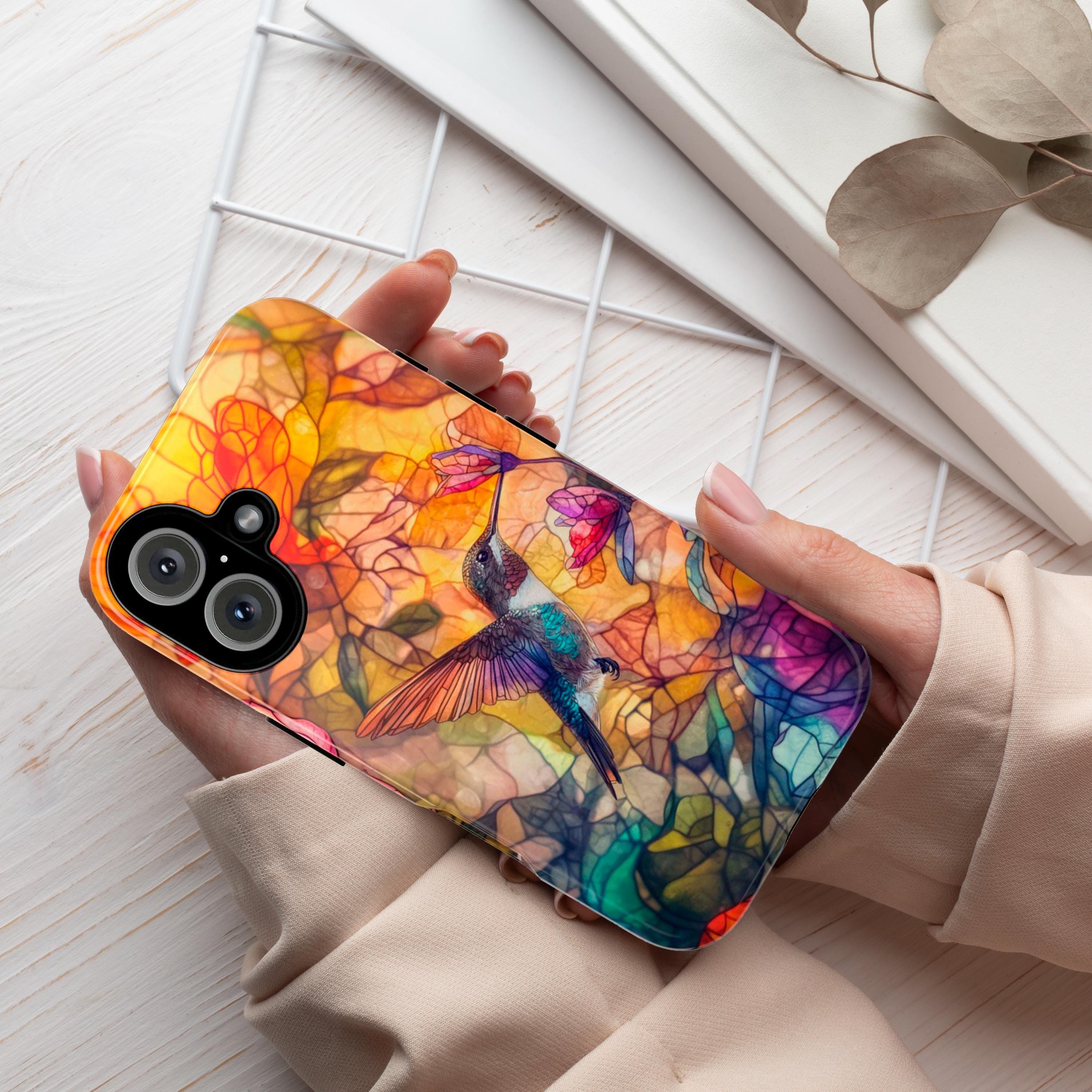 Hummingbird Stained Glass Phone Case, Perfect Gift For Bird Lovers Artistic Phonecase for iPhone 16 Magsafe, Samsung S25, 419.1