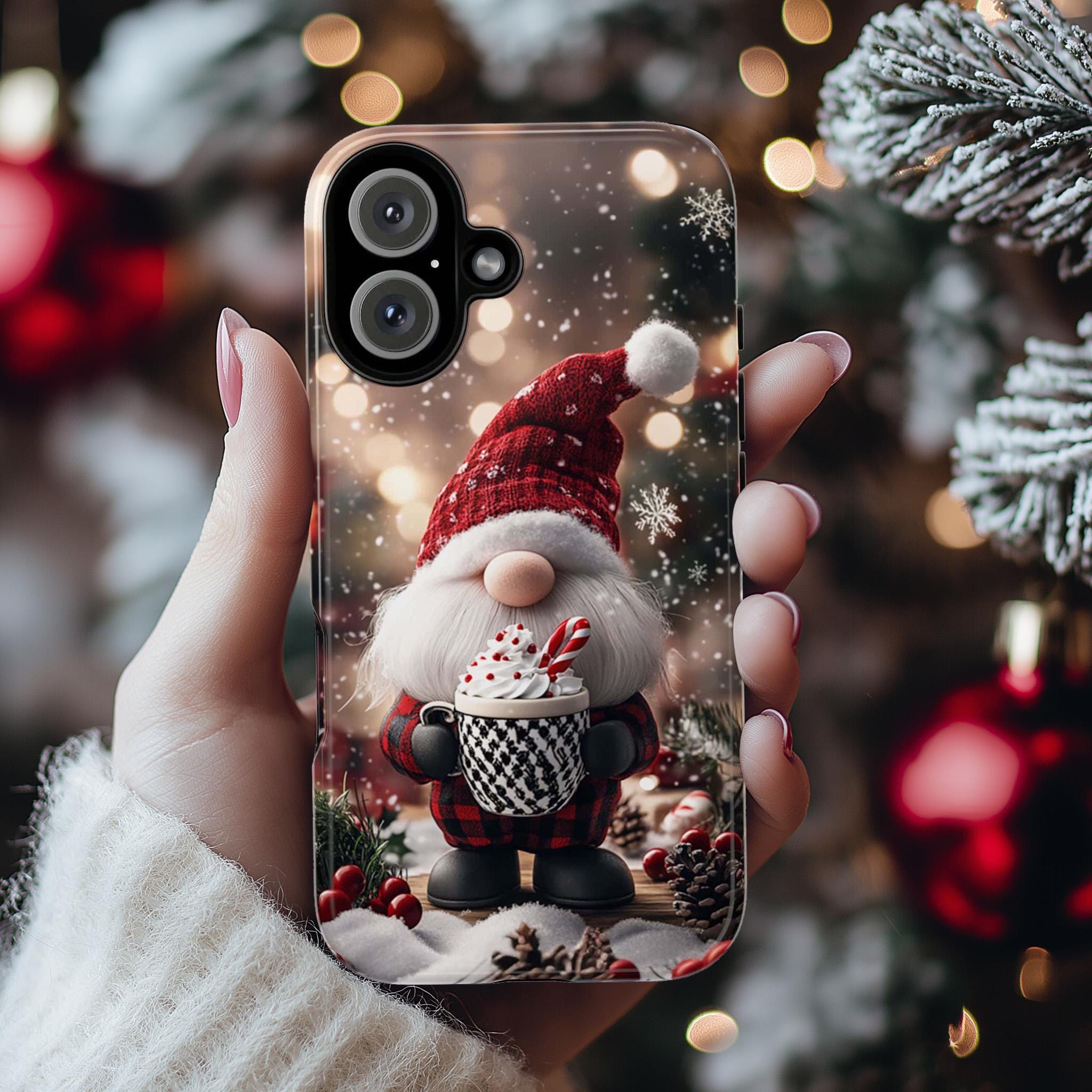 Cozy Xmas Holiday Gnome Phone Case, Christmas Gnome & Winter Festive Holly Magsafe Case for iPhone 15 14 13 12 Pro Max, Samsung S24, 427.6